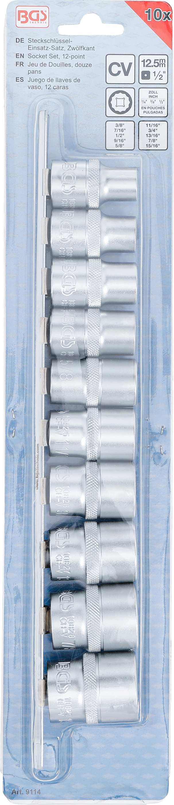 BGS Steckschlüssel-Einsatz-Satz, Zwölfkant | Antrieb Innenvierkant 12,5 mm (1/2") | Zollgrößen | 10-tlg.