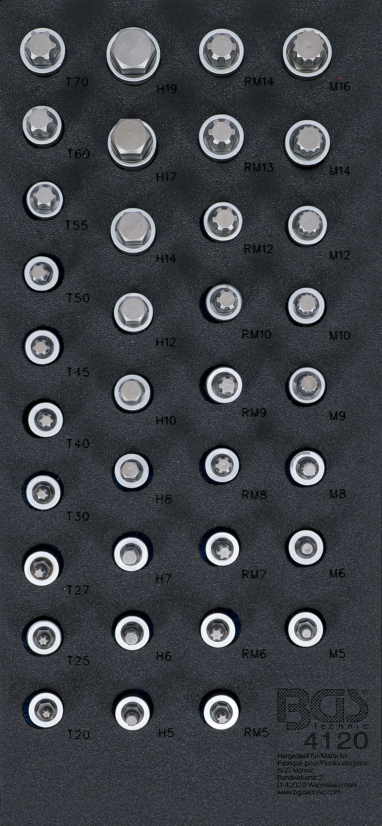 BGS Werkstattwageneinlage 1/3: Bit-Einsatz-Satz | Antrieb Innenvierkant 12,5 mm (1/2") | Innensechskant, T-Profil (für Torx), Innenvielzahn (für XZN), Keil-Profil (für RIBE) | 36-tlg.