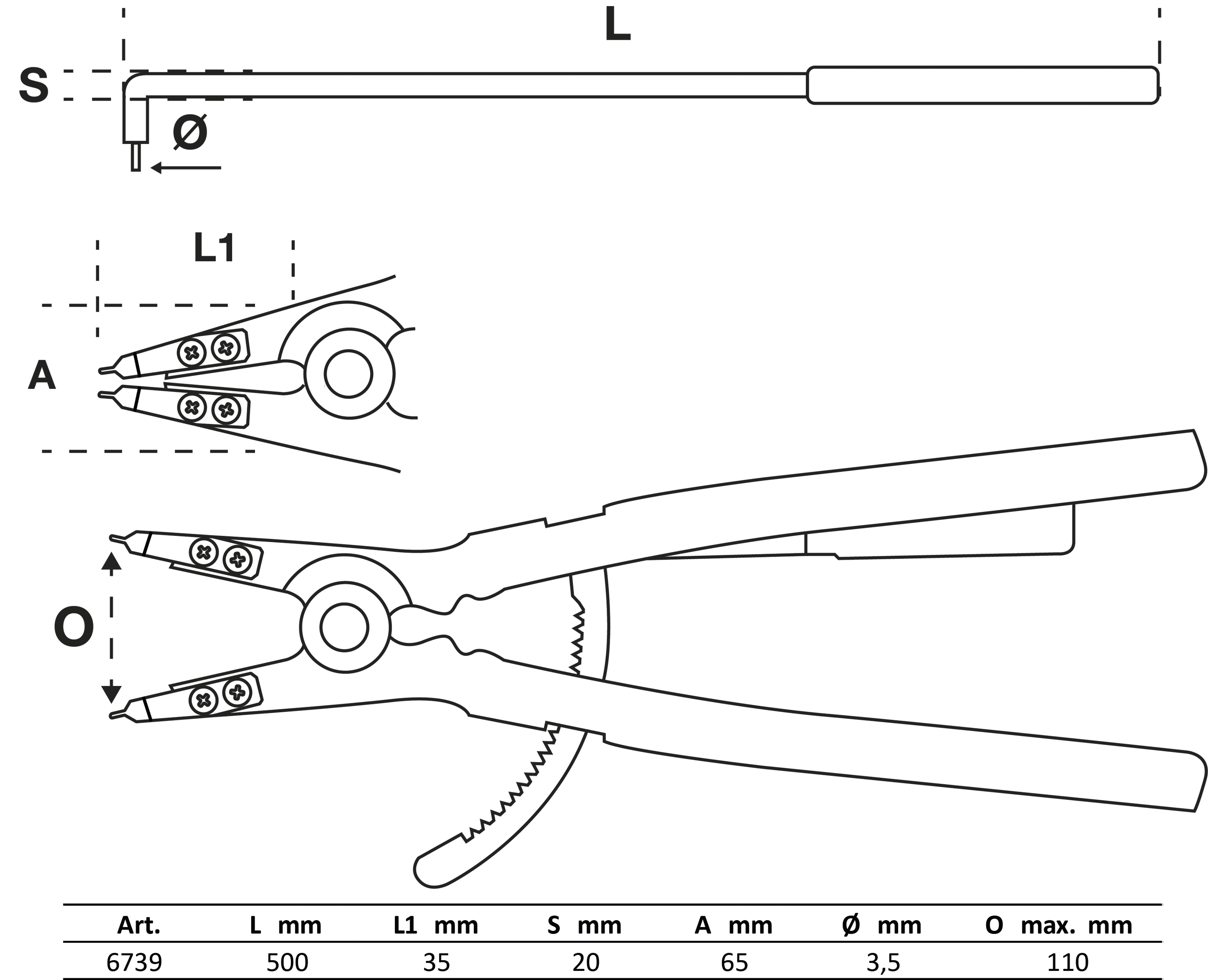 BGS Sprengringzange | abgewinkelt | für Außensprengringe | 500 mm