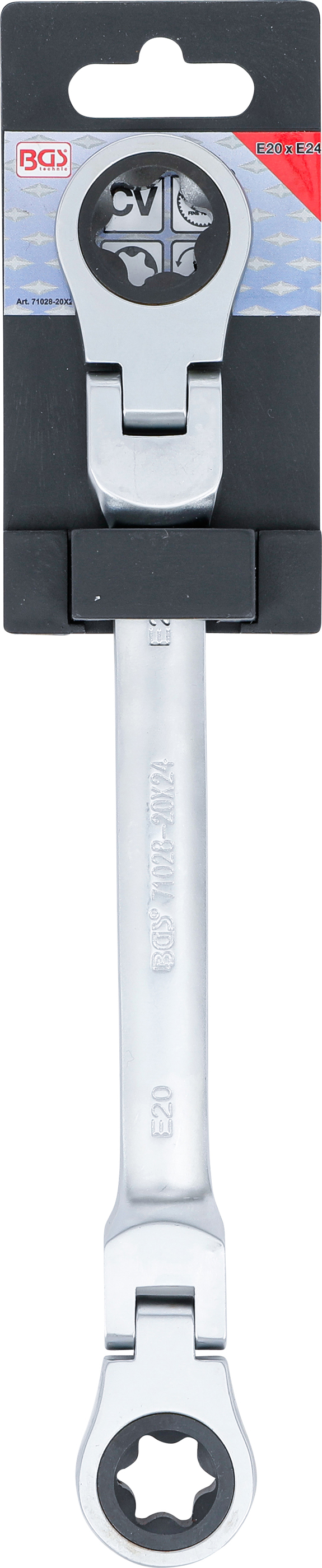 BGS Doppel-Ratschen-Ringschlüssel | abwinkelbar | mit E-Profil Ringköpfen | SW E20 x E24