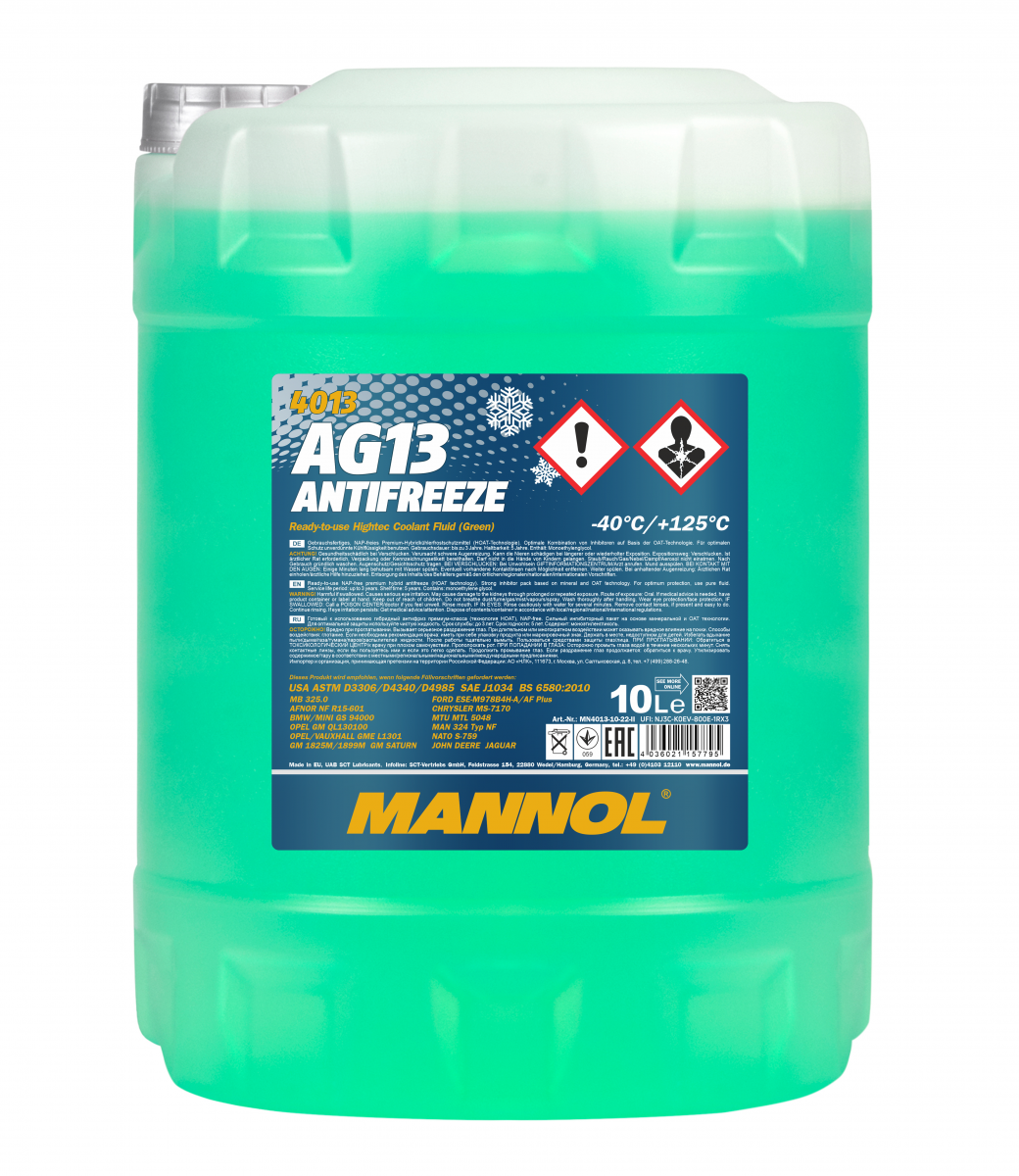 Mannol 4013 Kühlerfrostschutz Antifreeze AG13 Hightec -40 Fertigmischung 10 Liter