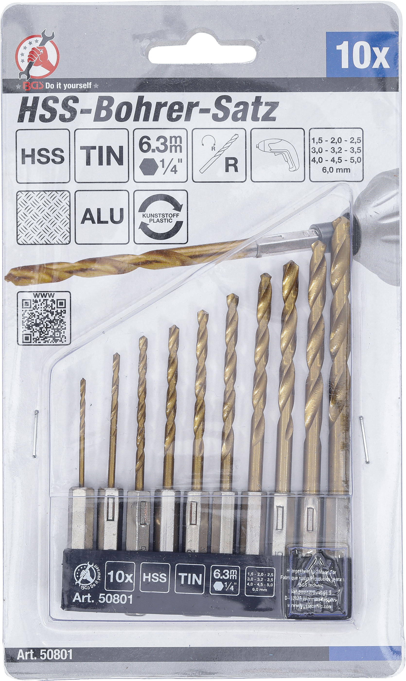 BGS HSS-Bohrer-Satz | titan-nitriert | 1,5 - 6 mm | 10-tlg.