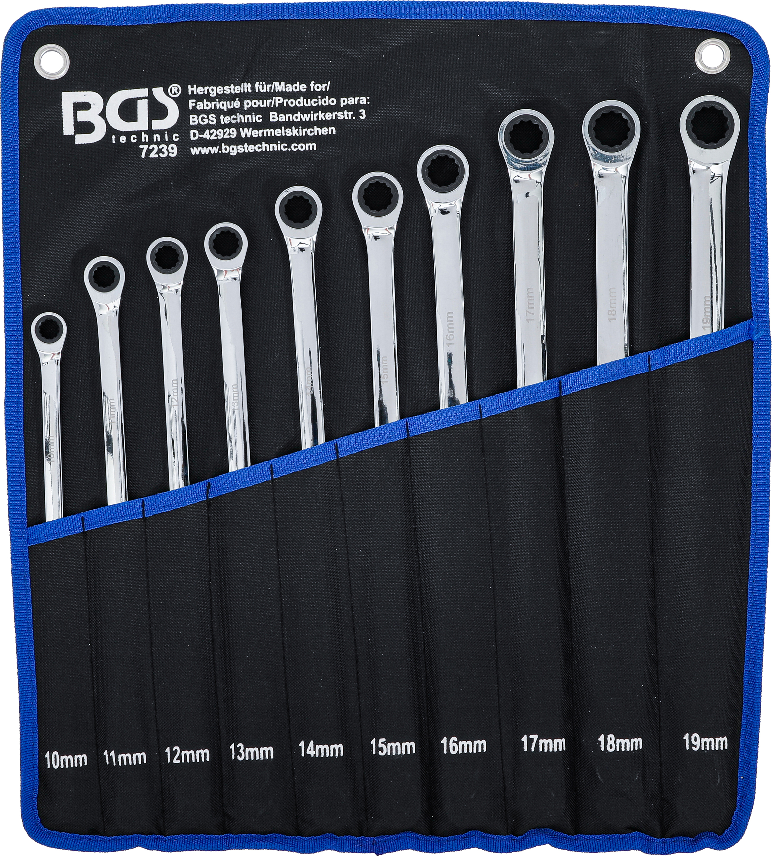 BGS Ratschenring- und Ringschlüssel-Satz | extra lang | SW 10 - 19 mm | 10-tlg.