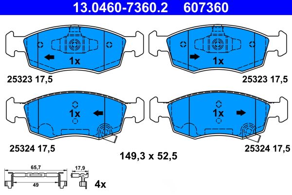 Bremsbelagsatz, Scheibenbremse “ATE 149,3 mm, 52,5 mm, 17,5 mm”