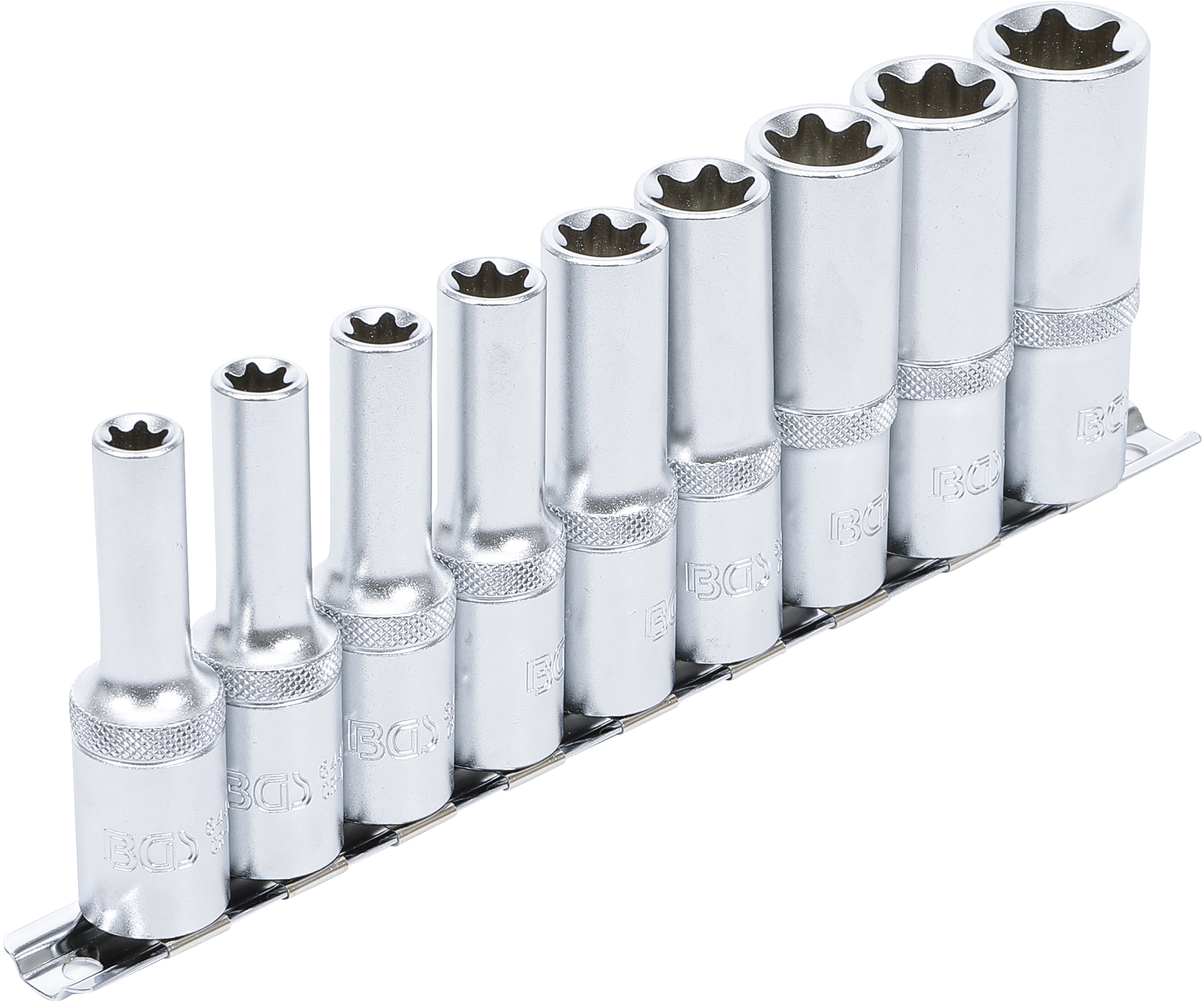 BGS Steckschlüssel-Einsatz-Satz E-Profil, tief | Antrieb Innenvierkant 12,5 mm (1/2") | SW E10 - E24 | 9-tlg.
