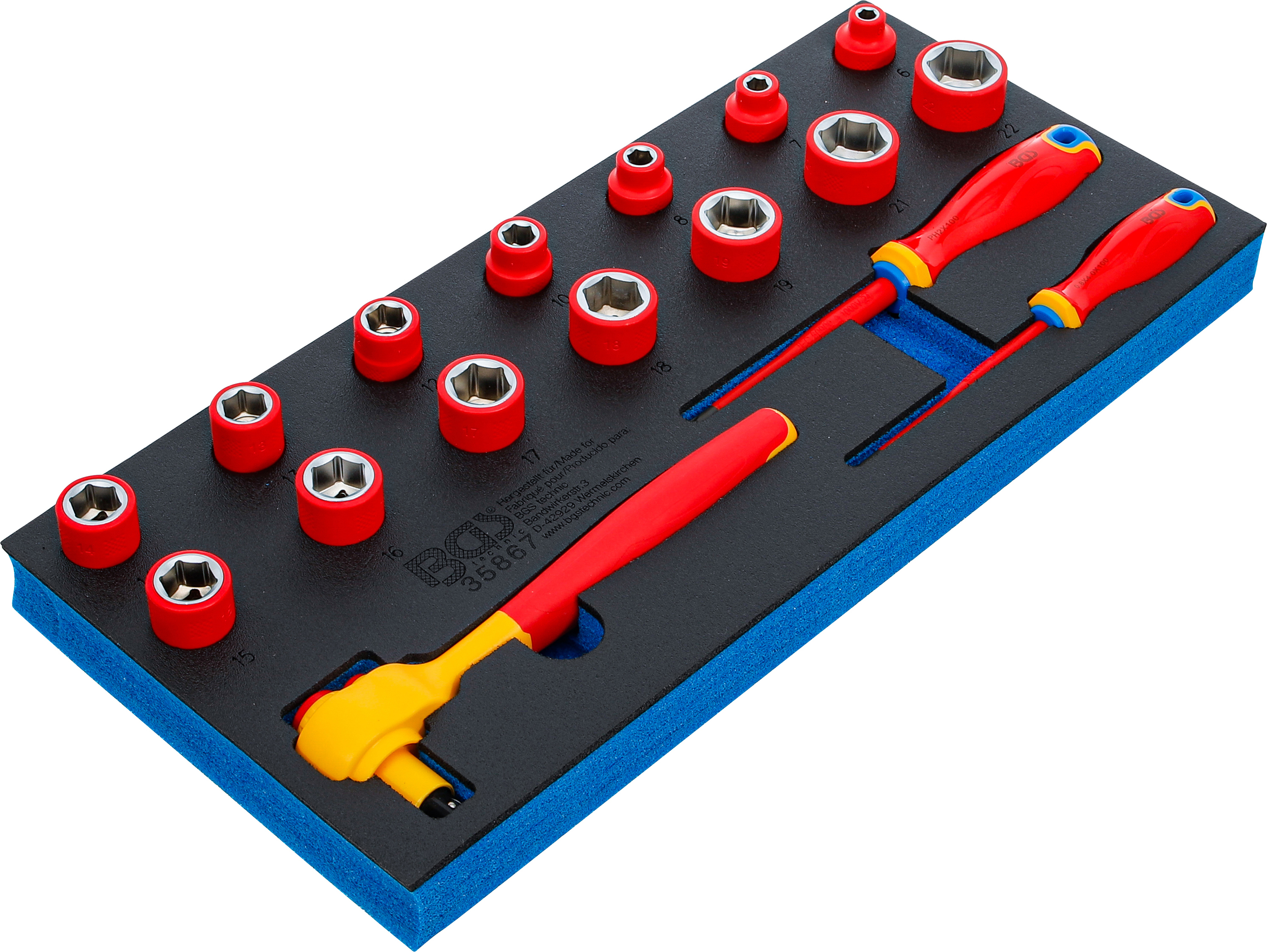 BGS Werkstattwageneinlage 1/3: VDE-Steckschlüssel- und Schraubendreher-Satz | Antrieb Innenvierkant 10 mm (3/8") | 17-tlg.