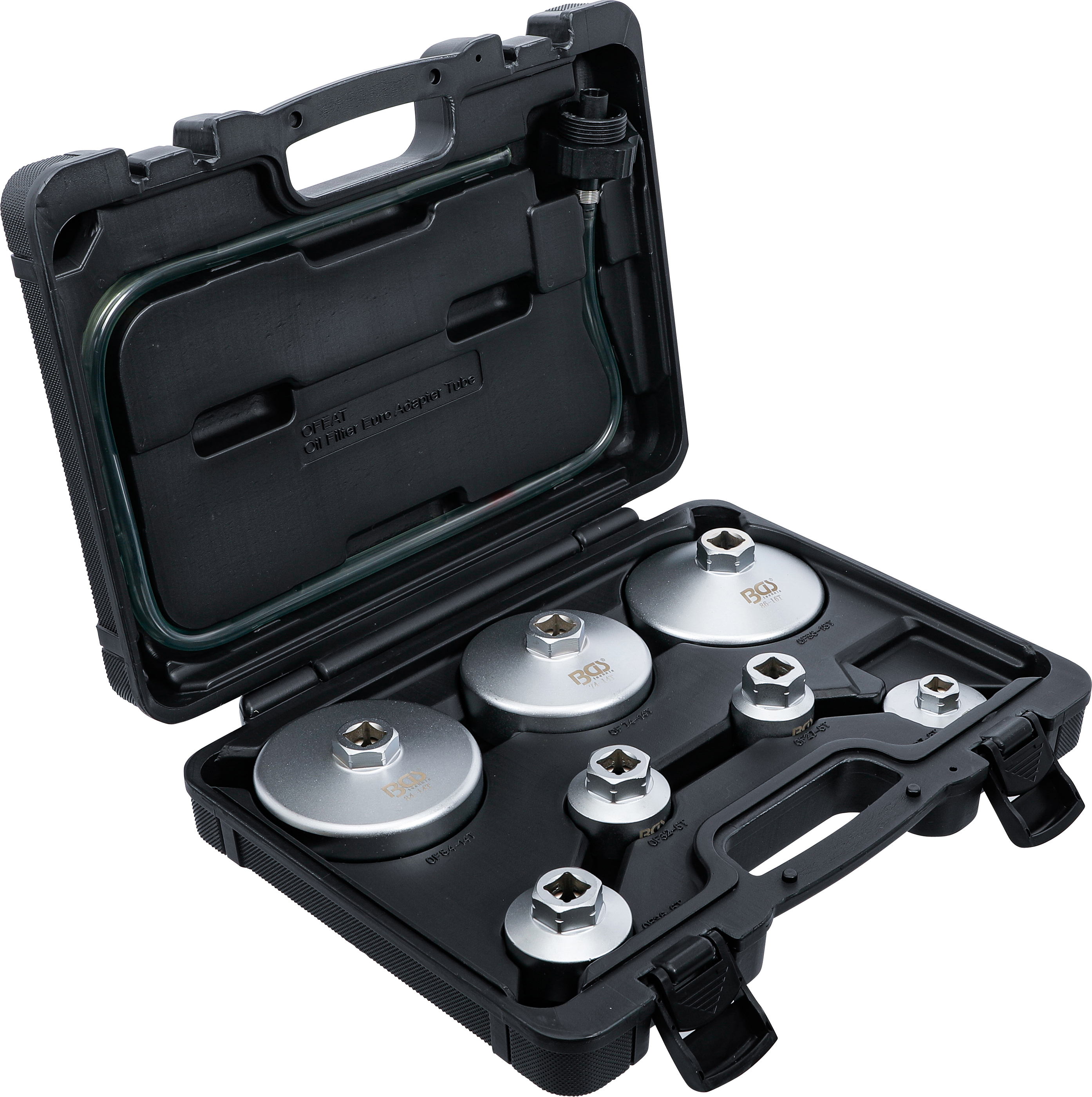 BGS Ölfilterschlüssel-Satz | mit Ölfilter-Ablassschlauch | für VAG, BMW, Citroën, Peugeot, Ford, Mercedes-Benz, Opel, Volvo | 8-tlg.