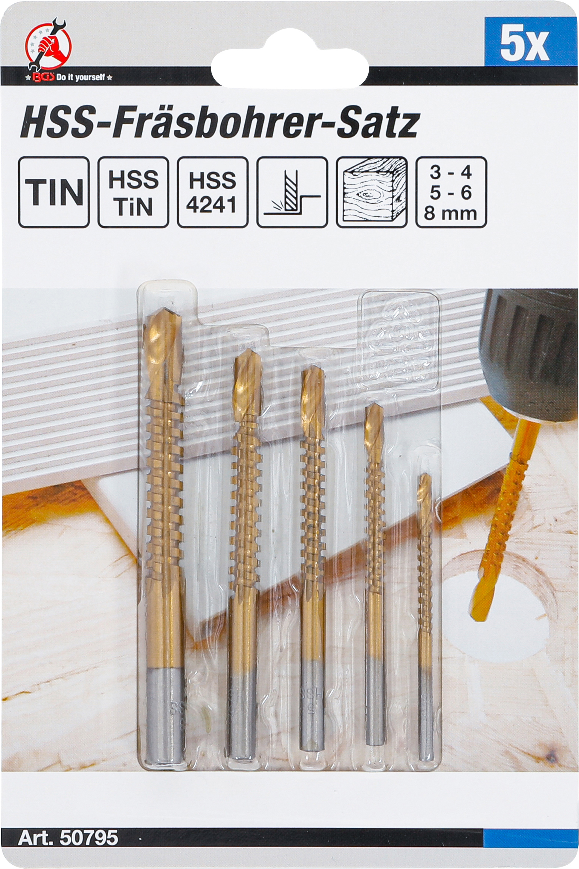 BGS HSS-Fräsbohrer-Satz | titan-nitriert | 3 - 8 mm | 5-tlg.