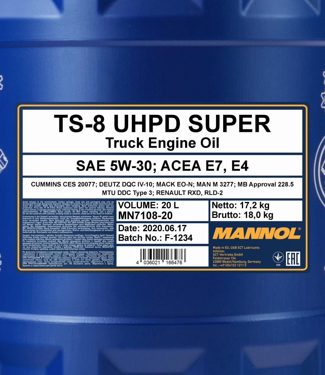 5W-30 Mannol 7108 TS-8 UHPD Super Motoröl 20 Liter