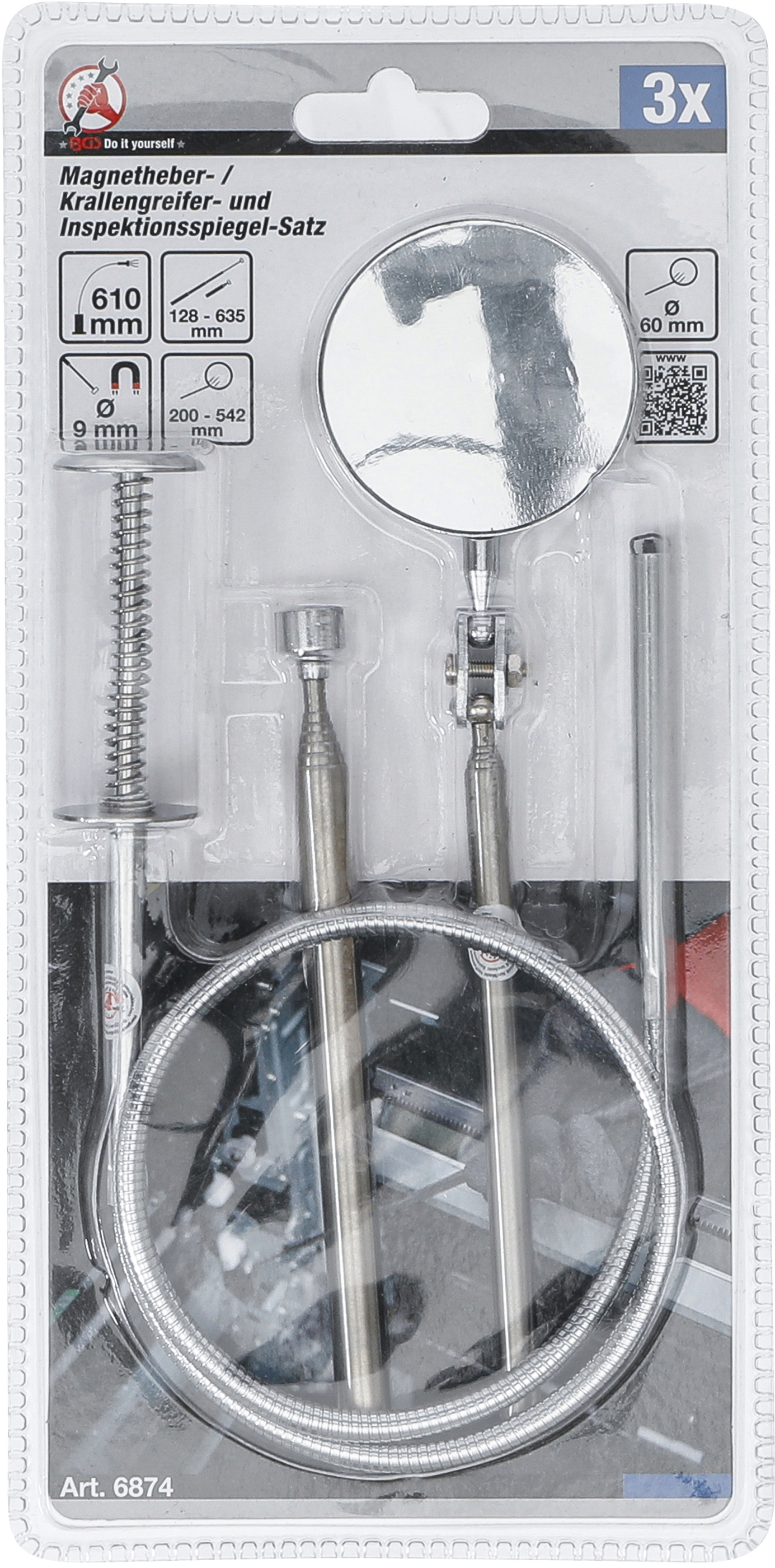 BGS Magnetheber- / Krallengreifer- und Inspektionsspiegel-Satz | 3-tlg.