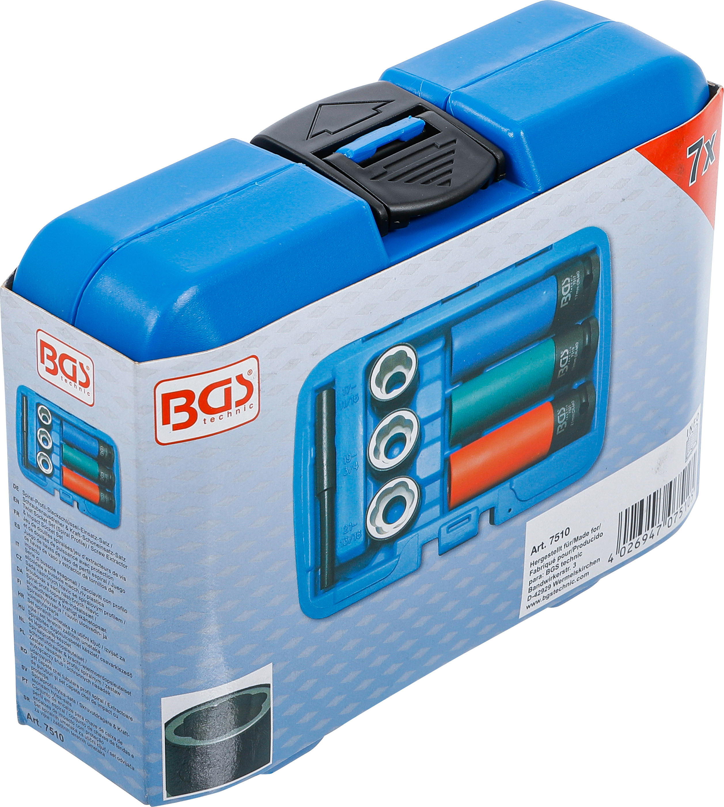 BGS Spiral-Profil-Steckschlüssel-Einsatz-Satz / Schraubenausdreher & Kraft-Schoneinsatz-Satz | Antrieb Innenvierkant 12,5 mm (1/2") | SW 17 / 19 / 21 mm | 7-tlg.