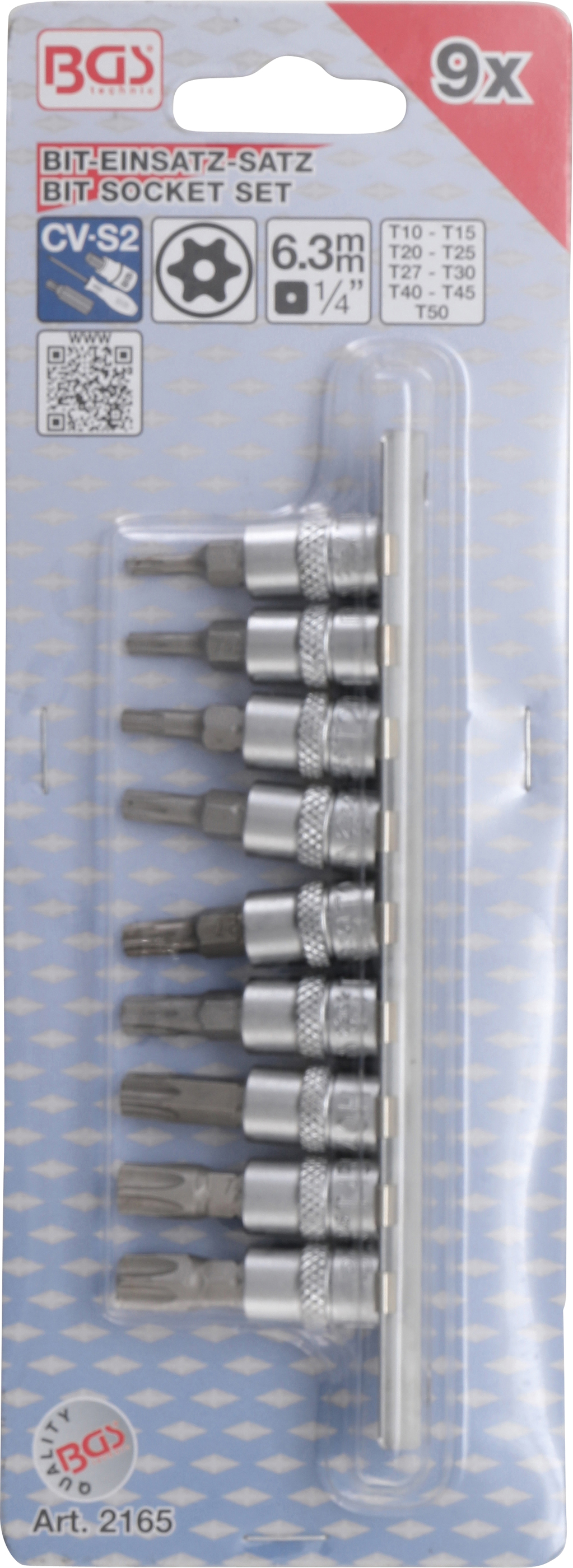 BGS Bit-Einsatz-Satz | Antrieb Innenvierkant 6,3 mm (1/4") | T-Profil (für Torx) mit Bohrung T10 - T50 | 9-tlg.
