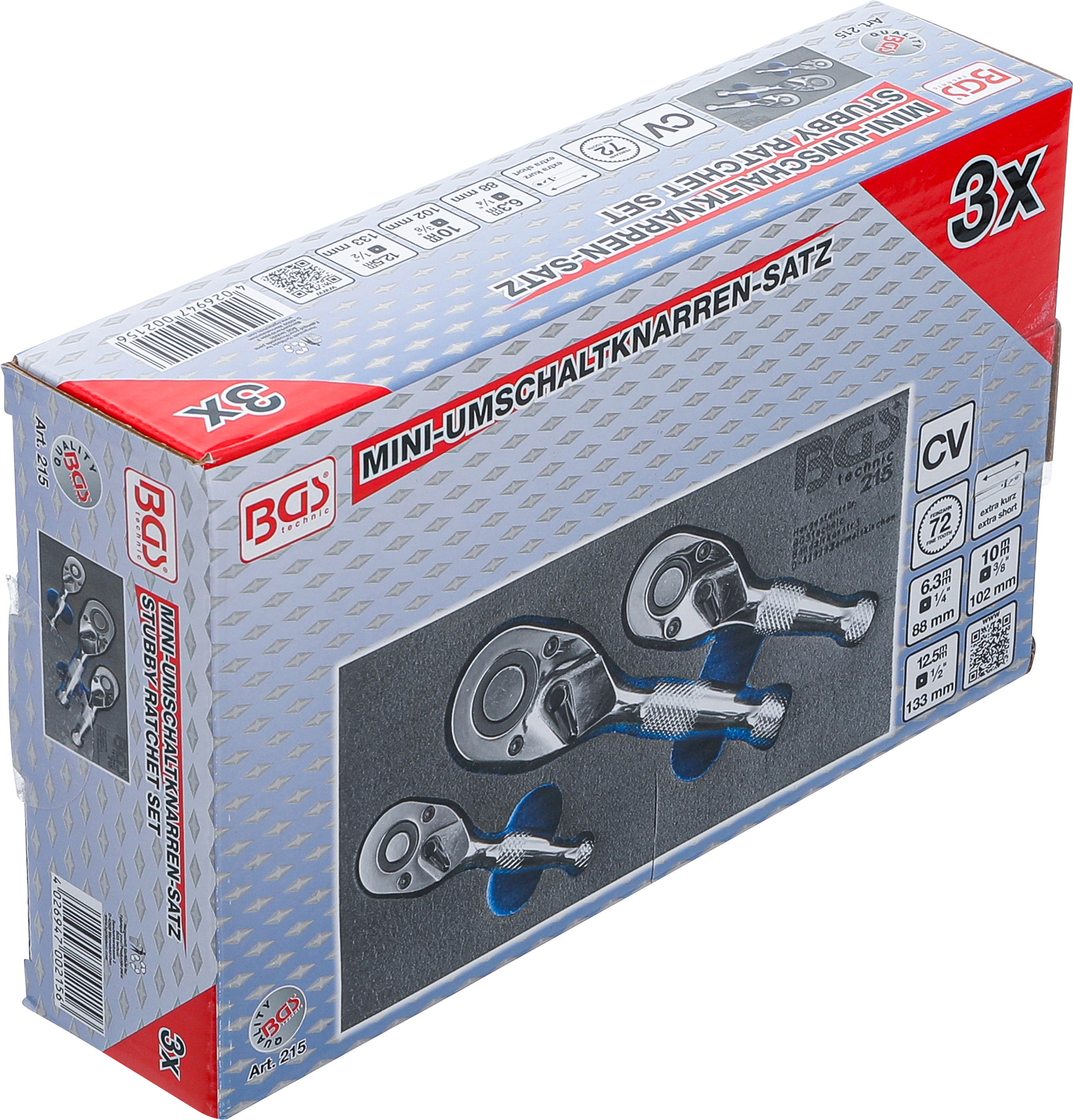 BGS Mini-Umschaltknarren-Satz | 6,3 mm (1/4") / 10 mm (3/8") / 12,5 mm (1/2") | 3-tlg.