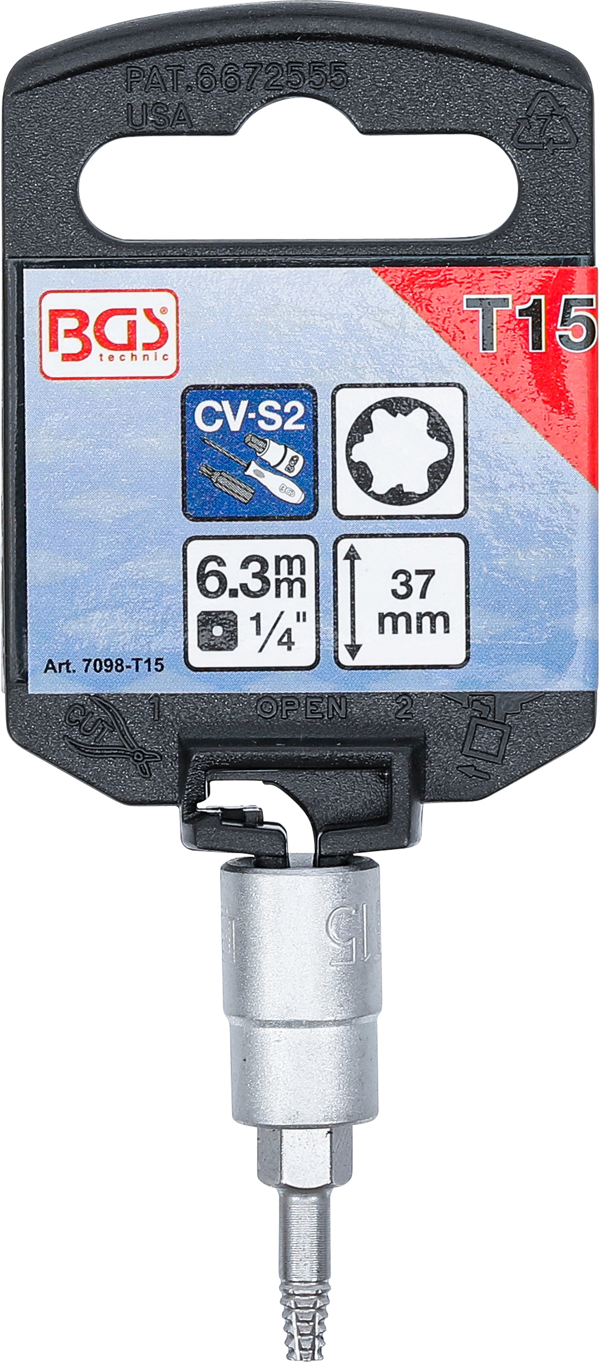 BGS Schraubenausdreher-Bit-Einsatz | Antrieb Innenvierkant 6,3 mm (1/4") | für defektes T-Profil (für Torx) T15