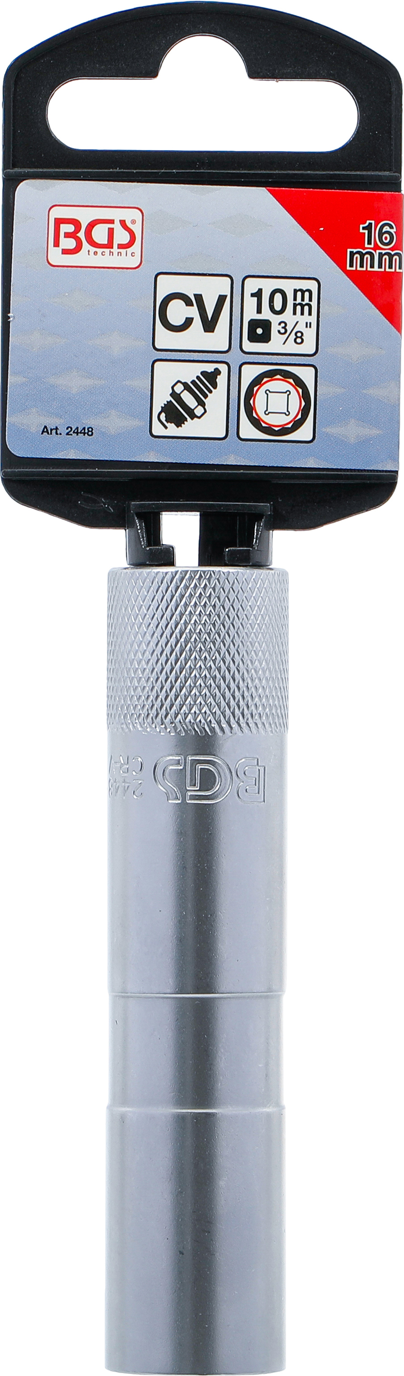 BGS Zündkerzen-Einsatz mit Haltegummi, Zwölfkant, lang | Antrieb Innenvierkant 10 mm (3/8") | SW 16 mm