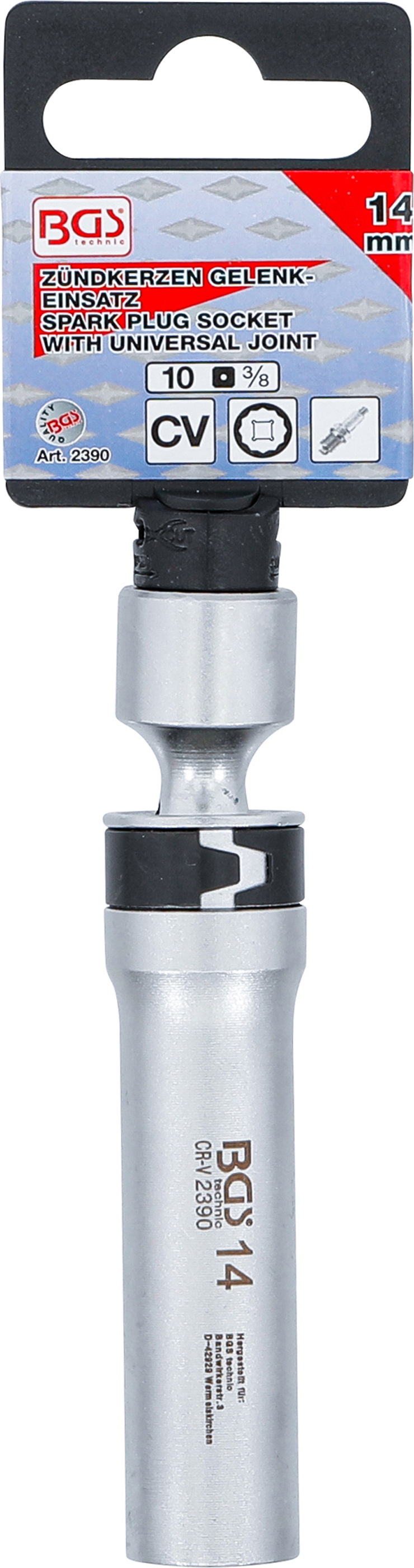 BGS Zündkerzen-Gelenkeinsatz Zwölfkant mit Haltefeder | Antrieb Innenvierkant 10 mm (3/8") | SW 14 mm