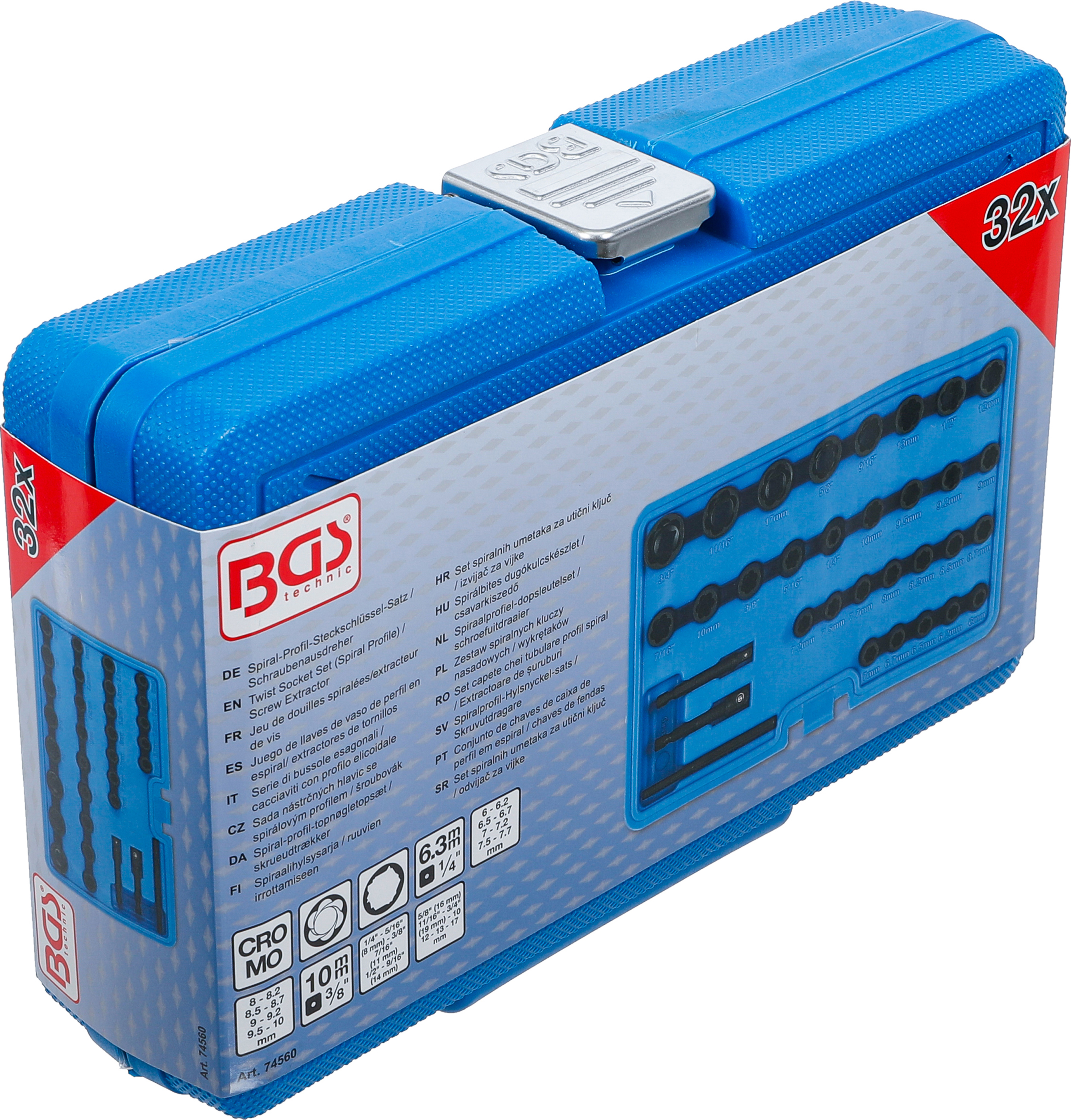 BGS Spiral-Profil-Steckschlüssel-Satz / Schraubenausdreher | Antrieb Innenvierkant 6,3 mm (1/4") / 10 mm (3/8") | Metrisch und Zollgrößen | 32-tlg.