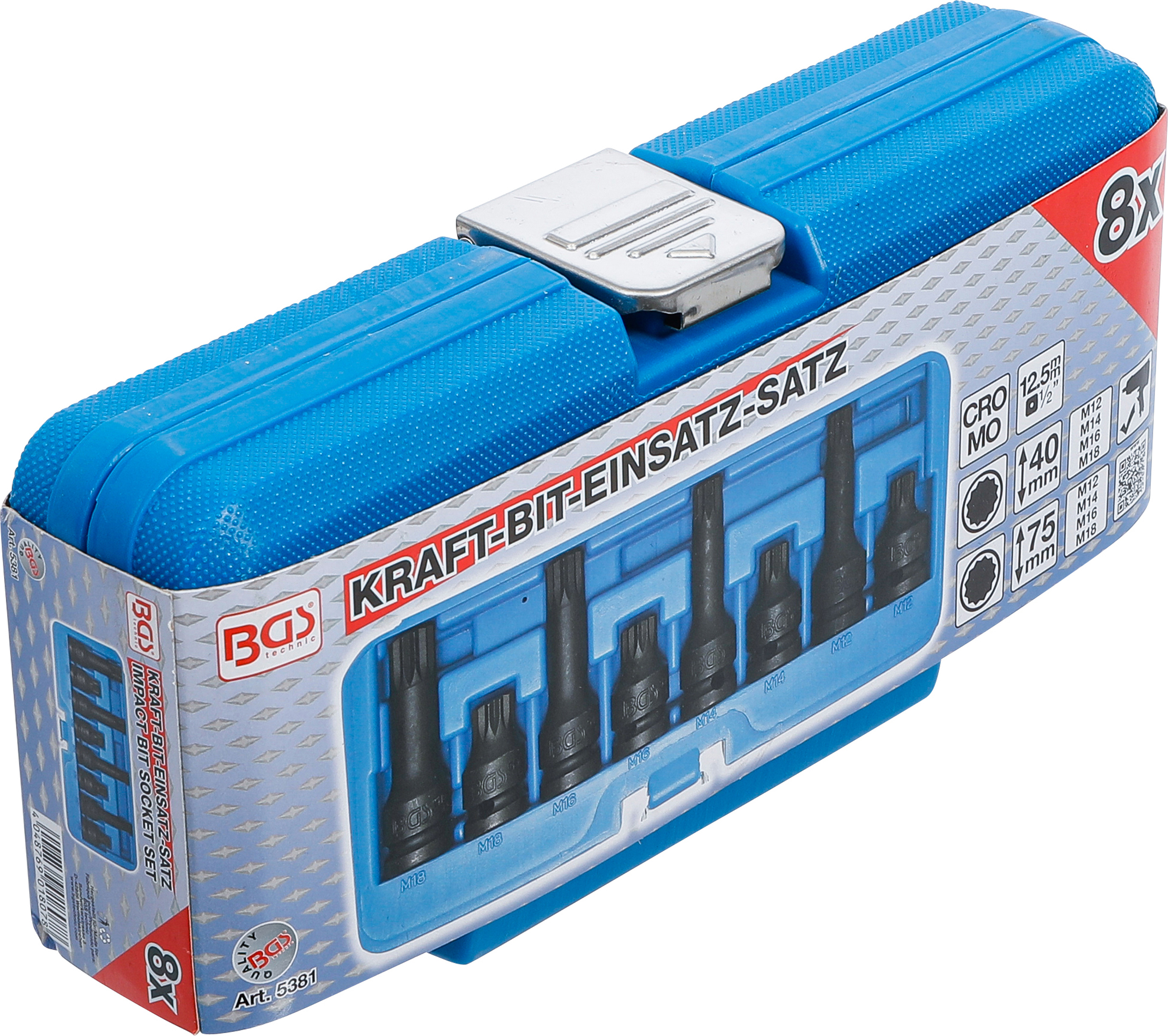 BGS Kraft-Bit-Einsatz-Satz | Antrieb Innenvierkant 12,5 mm (1/2") | Innenvielzahn (für XZN) M12 - M18 | 8-tlg.