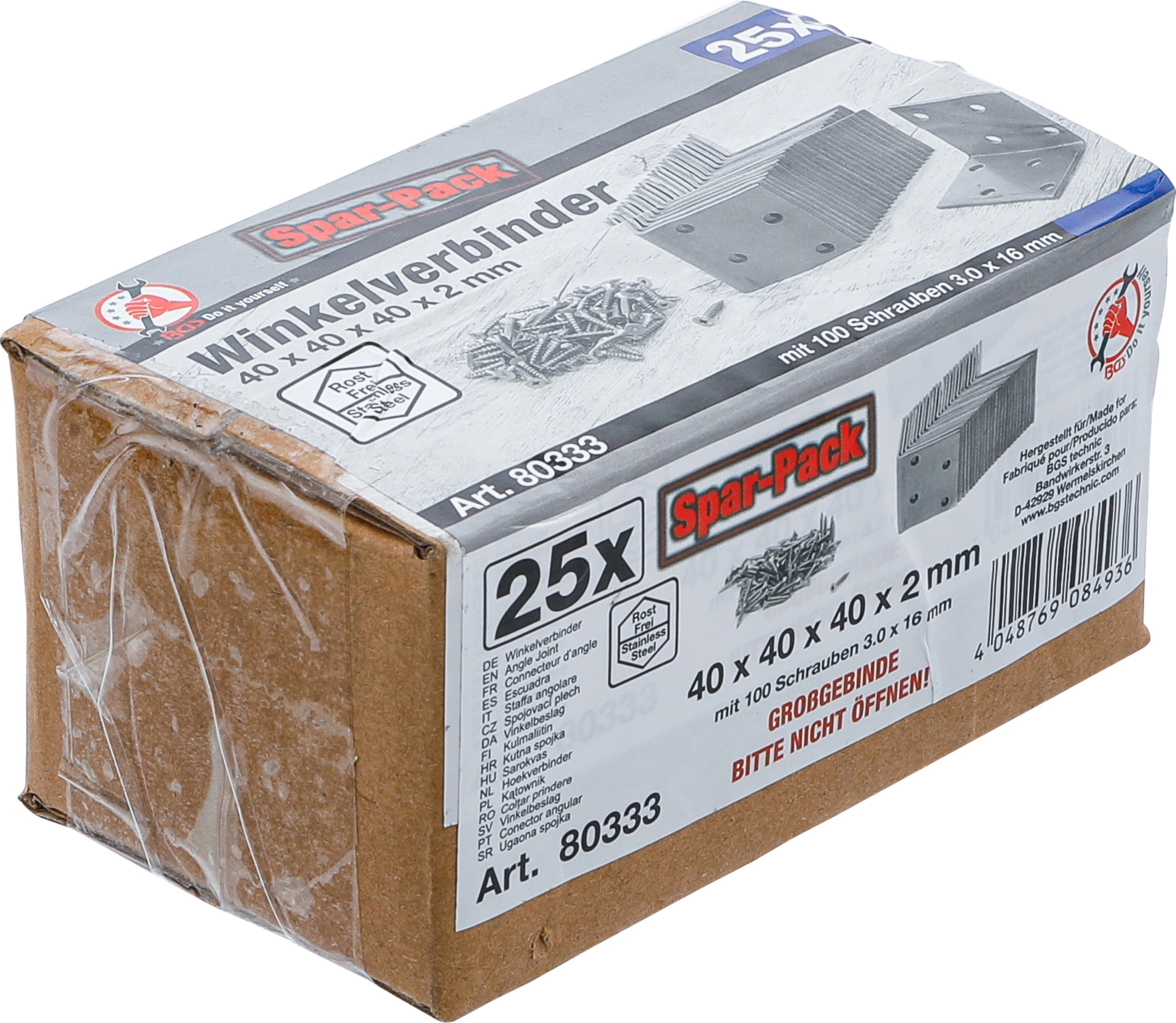 BGS Winkelverbinder | rostfrei | 40 x 40 x 40 mm | Spar-Pack | 25 Stück