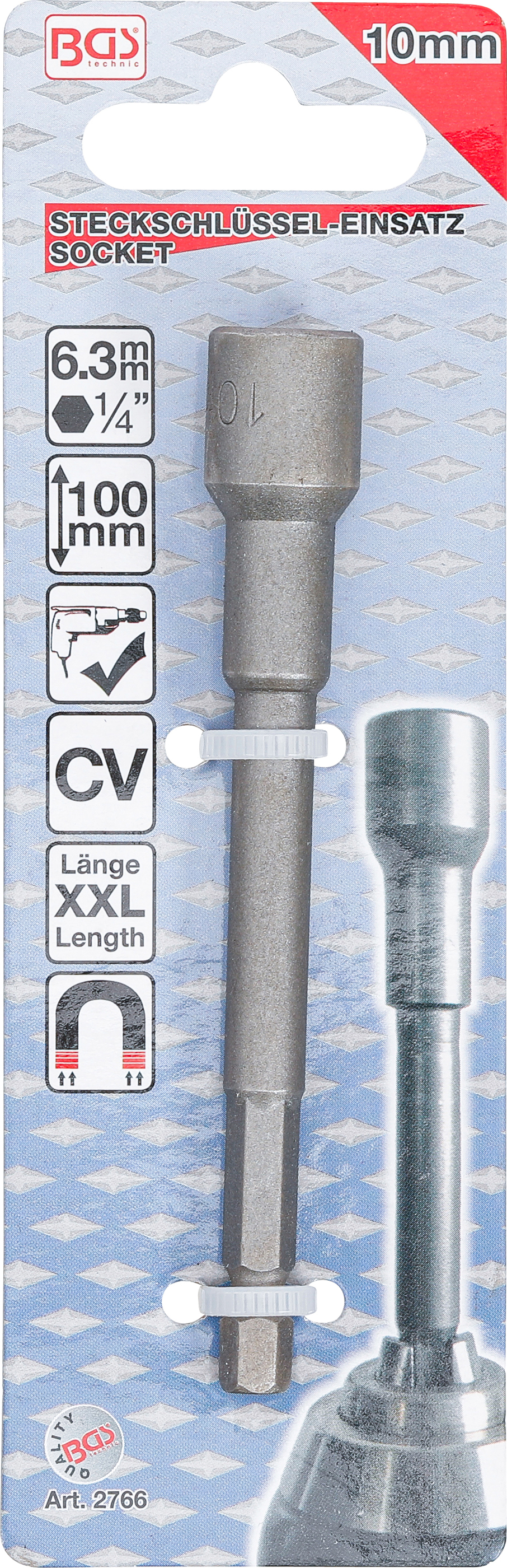 BGS Steckschlüssel-Einsatz Sechskant, extra lang | für Bohrmaschinen | Antrieb Außensechskant 6,3 mm (1/4") | SW 10 mm