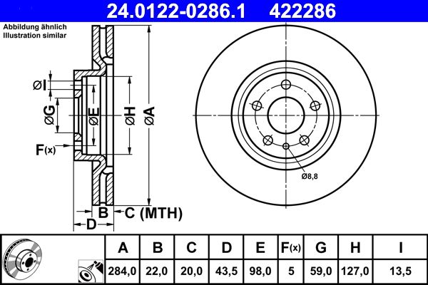 Bremsscheibe 24.0122-0286.1 “ATE 284 mm, 22 mm, 20 mm”