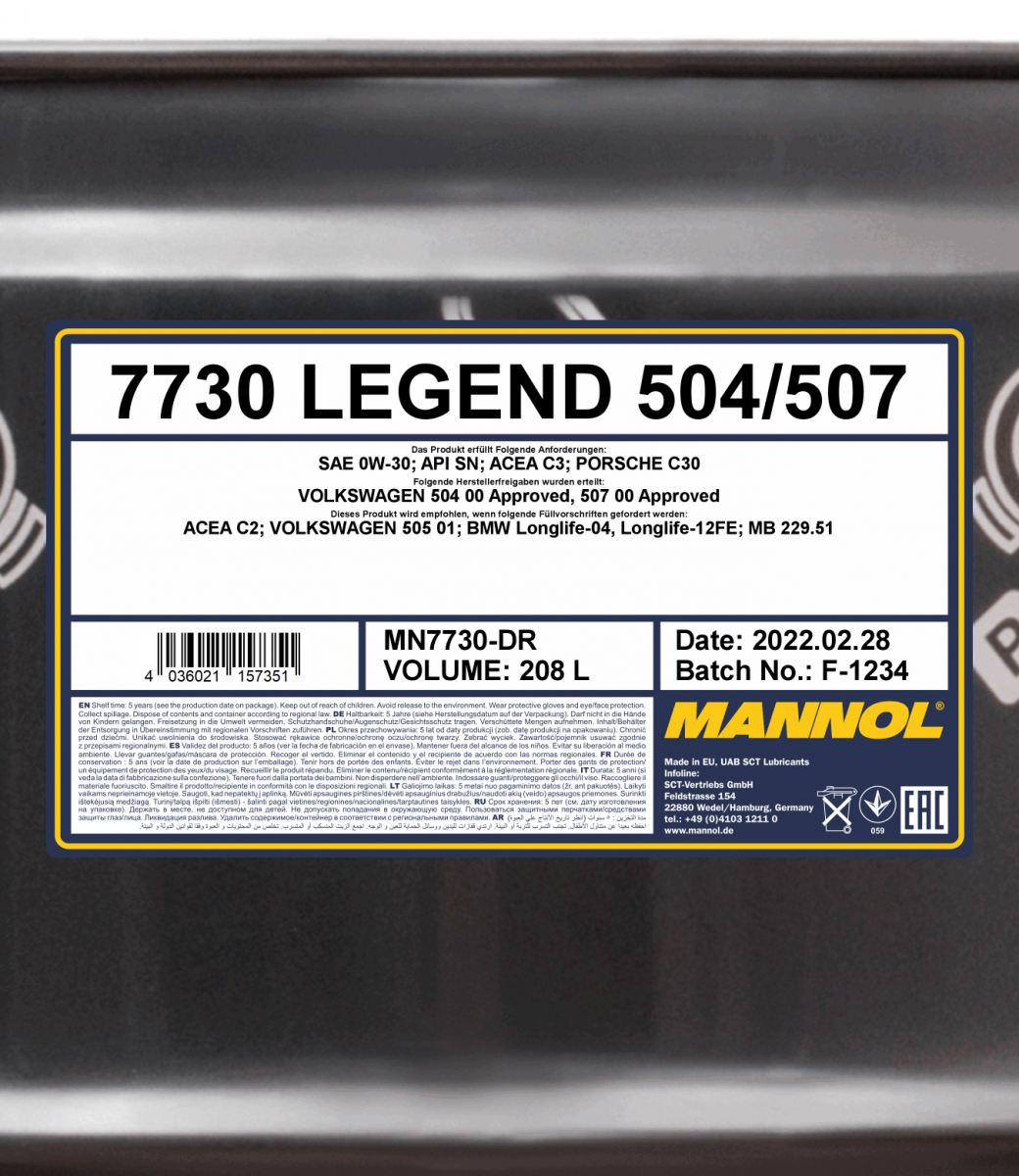 0W-30 Mannol 7730 Legend 504 507 für VW Audi Skoda Motoröl 208 Liter