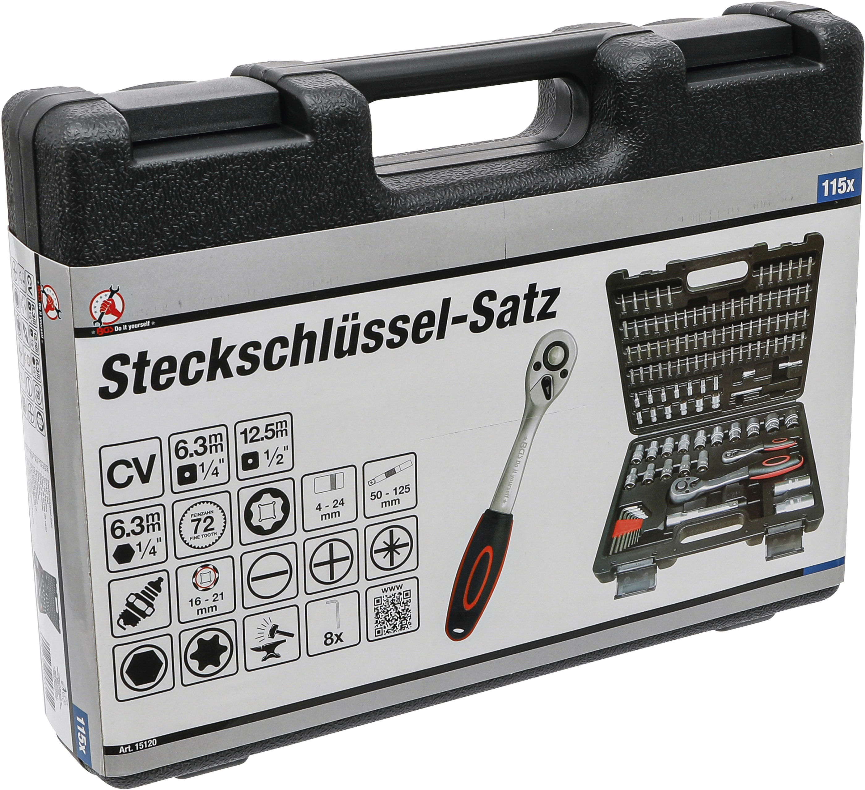 BGS Steckschlüssel-Satz Wellenprofil | Antrieb 6,3 mm (1/4") / 12,5 mm (1/2") | 115-tlg.