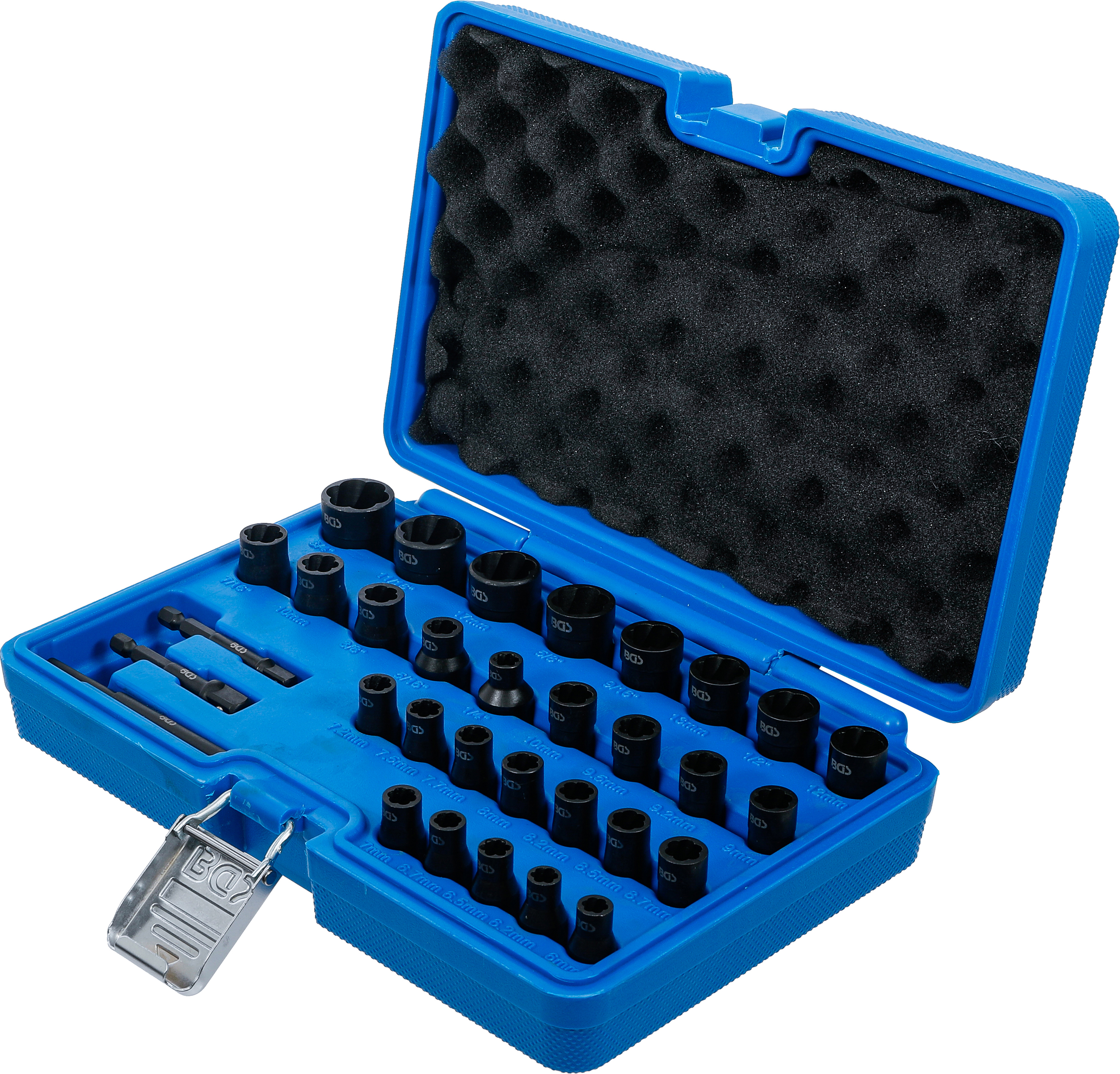 BGS Spiral-Profil-Steckschlüssel-Satz / Schraubenausdreher | Antrieb Innenvierkant 6,3 mm (1/4") / 10 mm (3/8") | Metrisch und Zollgrößen | 32-tlg.