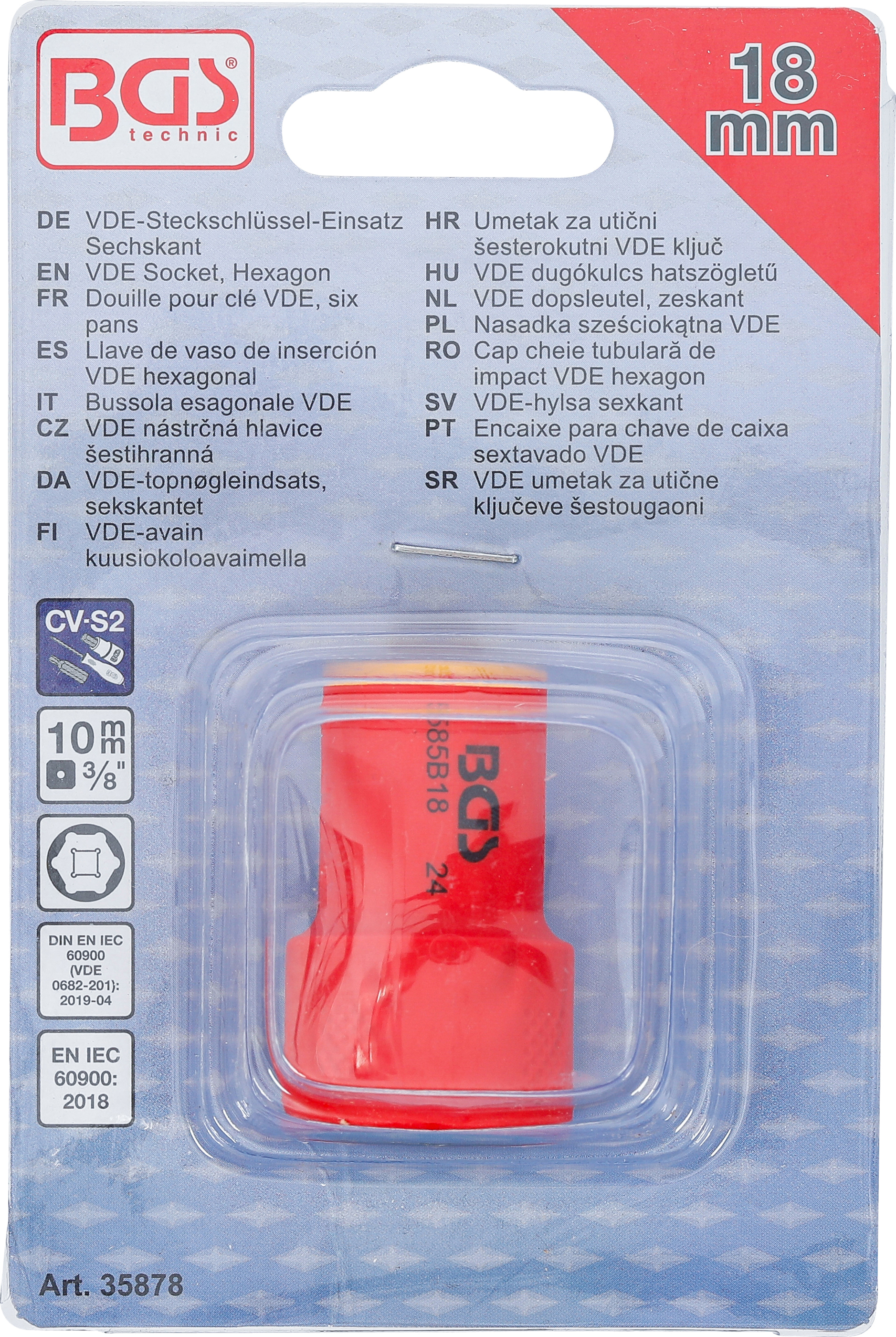 BGS VDE-Steckschlüssel-Einsatz Sechskant | Antrieb Innenvierkant 10 mm (3/8") | SW 18 mm