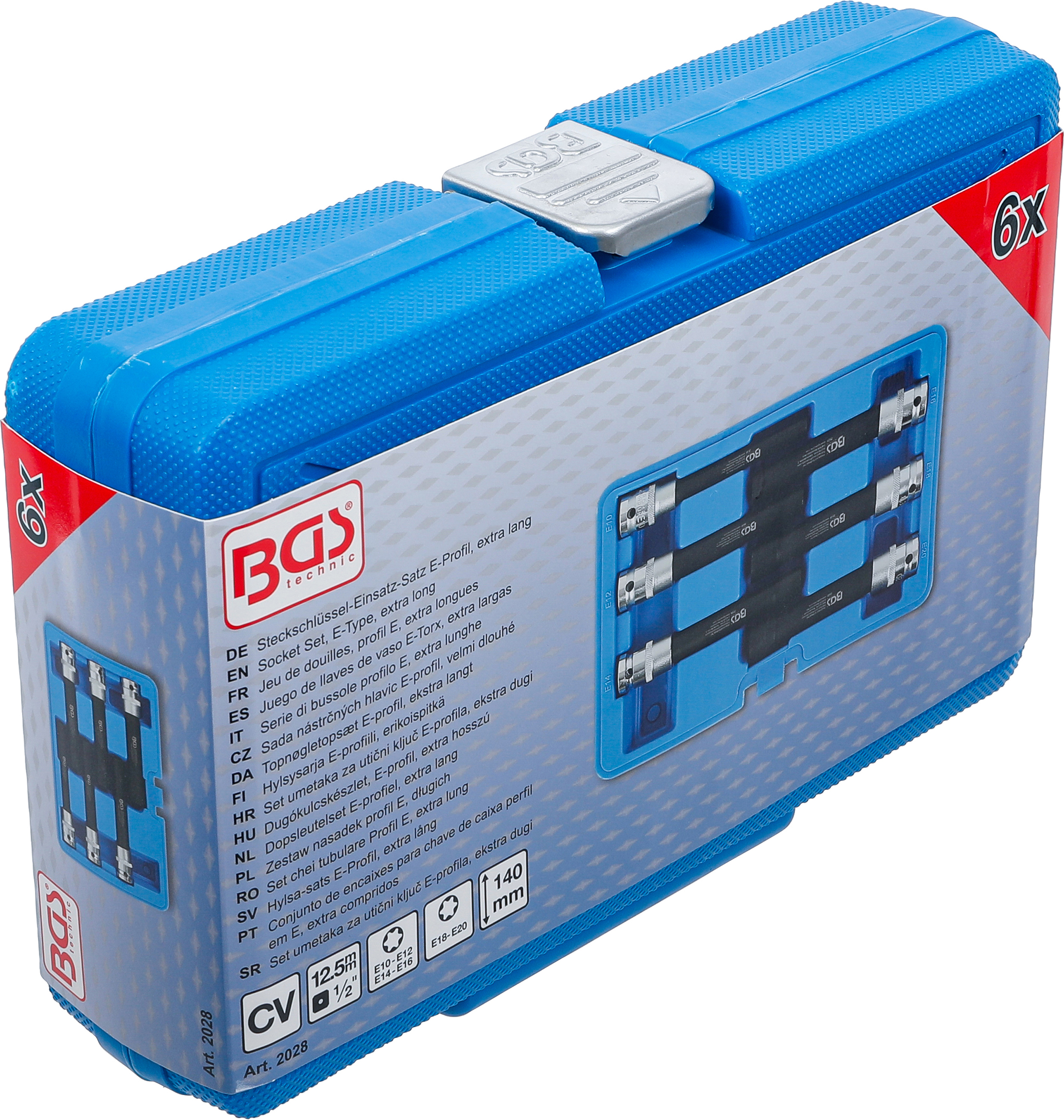 BGS Steckschlüssel-Einsatz-Satz E-Profil, extra lang | Antrieb Innenvierkant 12,5 mm (1/2") | SW E10 - E20 | 6-tlg.