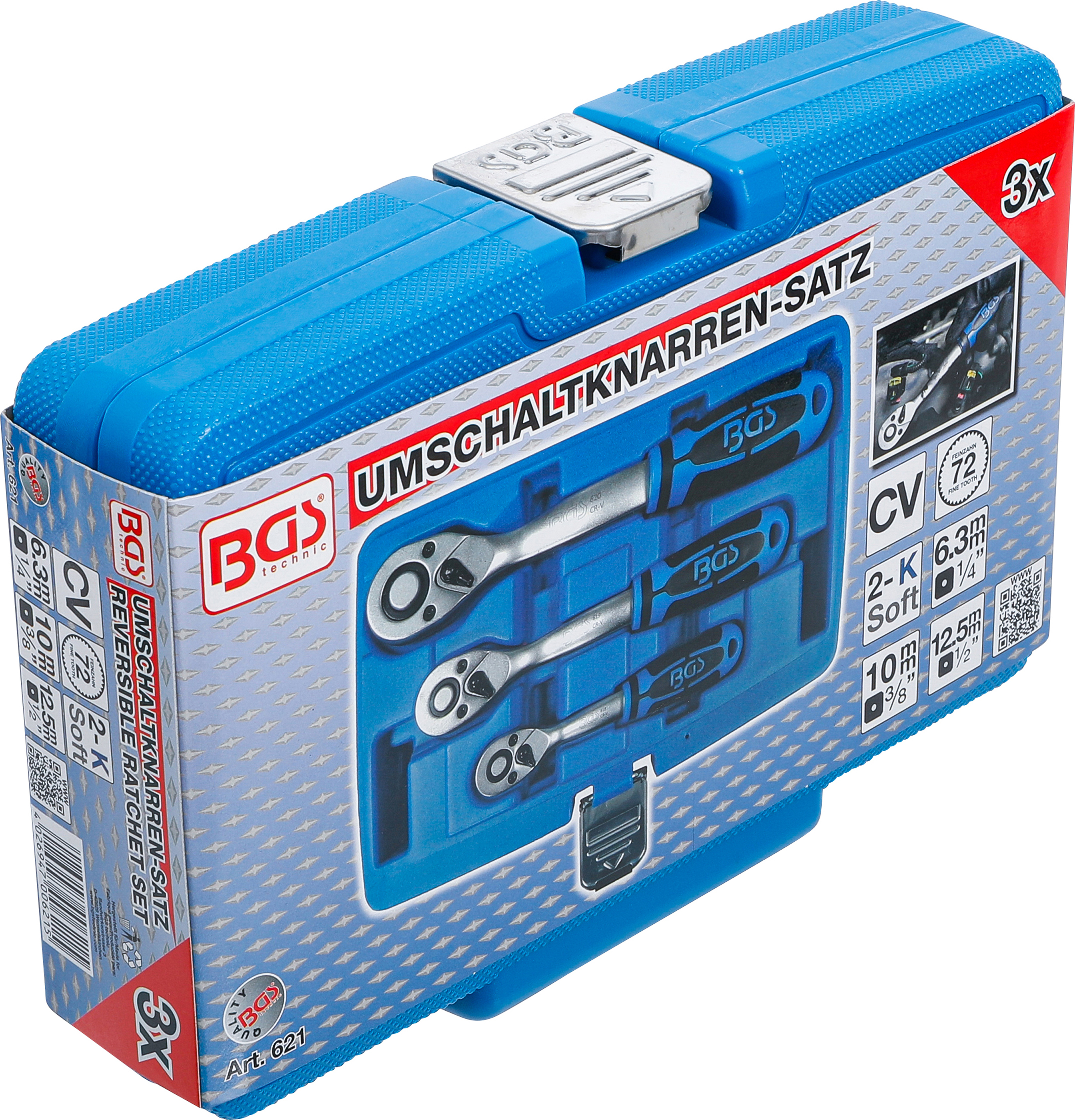 BGS Umschaltknarren-Satz | feinverzahnt | Abtrieb Außenvierkant 6,3 mm (1/4") - 10 mm (3/8") - 12,5 mm (1/2") | 3-tlg.