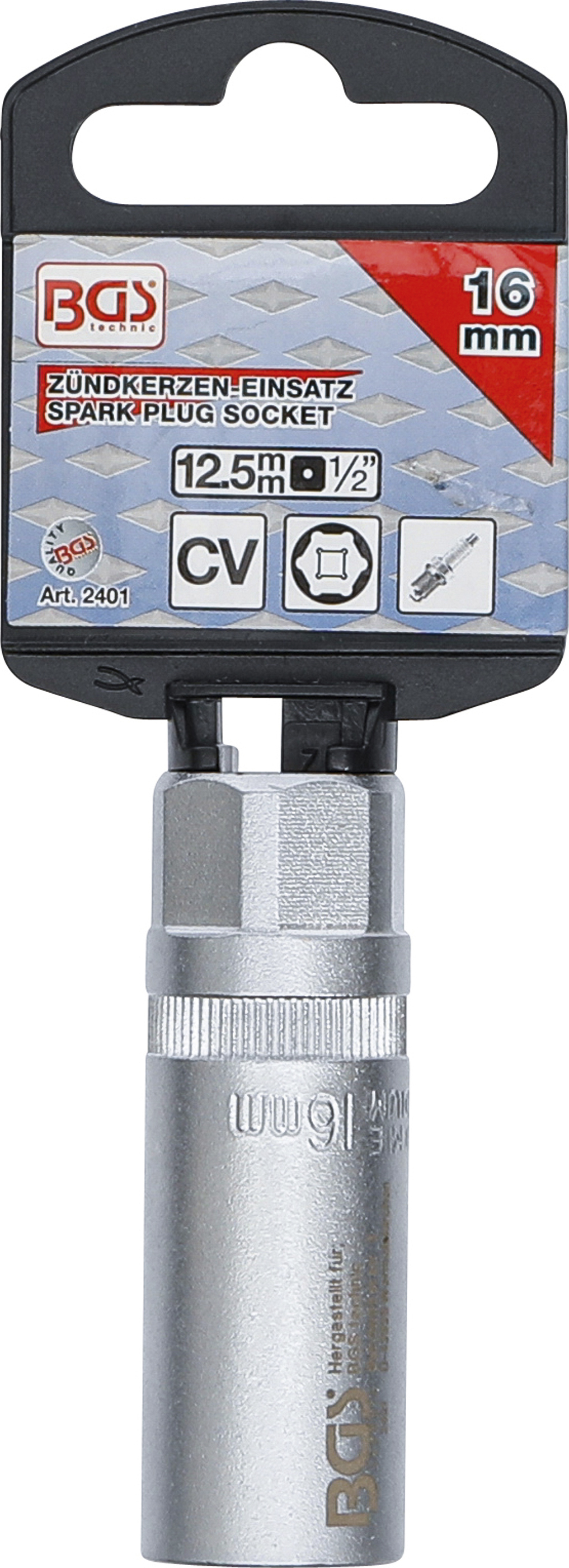 BGS Zündkerzen-Einsatz Sechskant | Antrieb Innenvierkant 12,5 mm (1/2") | SW 16 mm