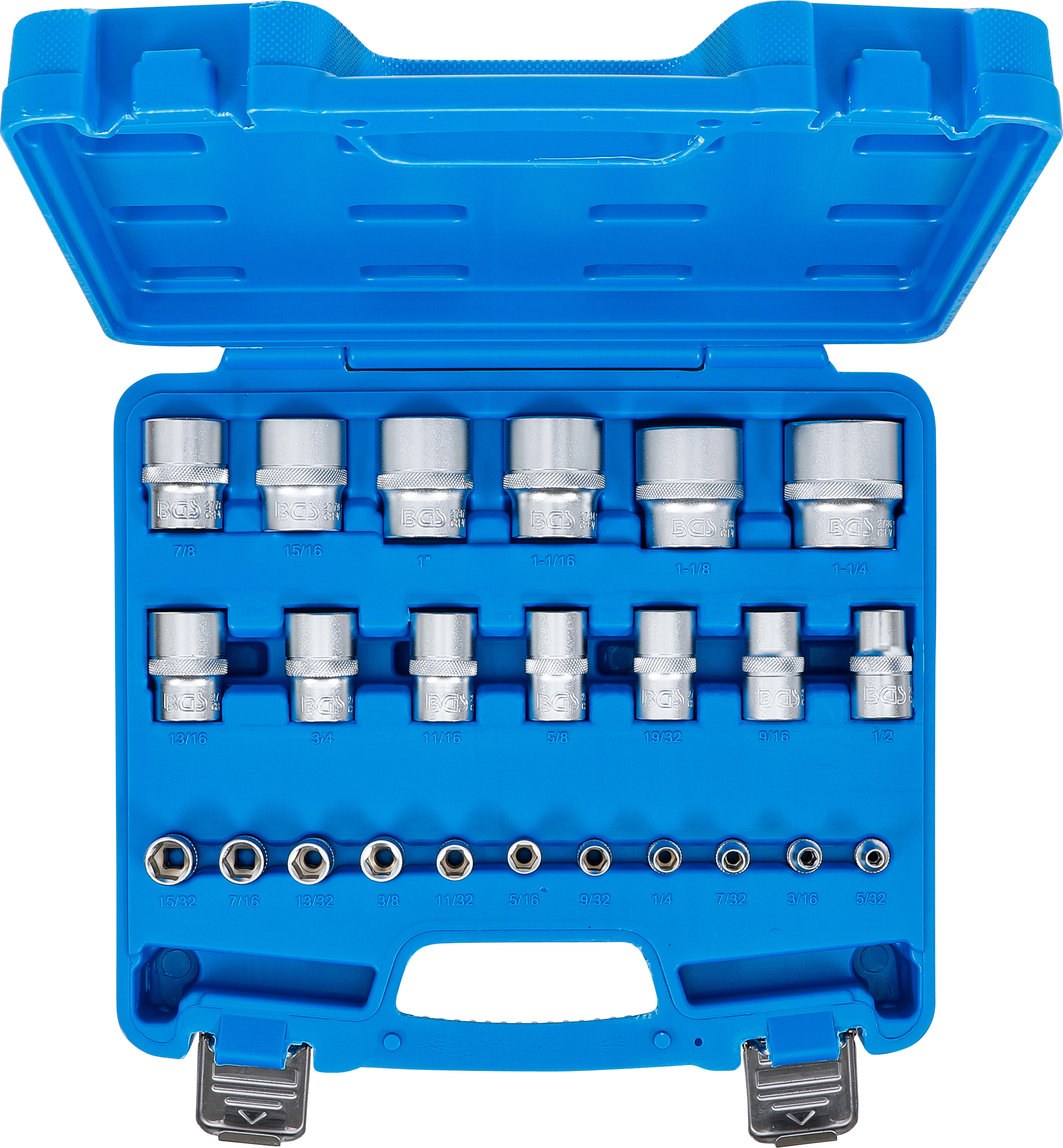 BGS Steckschlüssel-Einsatz-Satz, Sechskant | Antriebe Innenvierkant 6,3 mm (1/4"), 12,5 mm (1/2") | Zollmaße | 24-tlg.