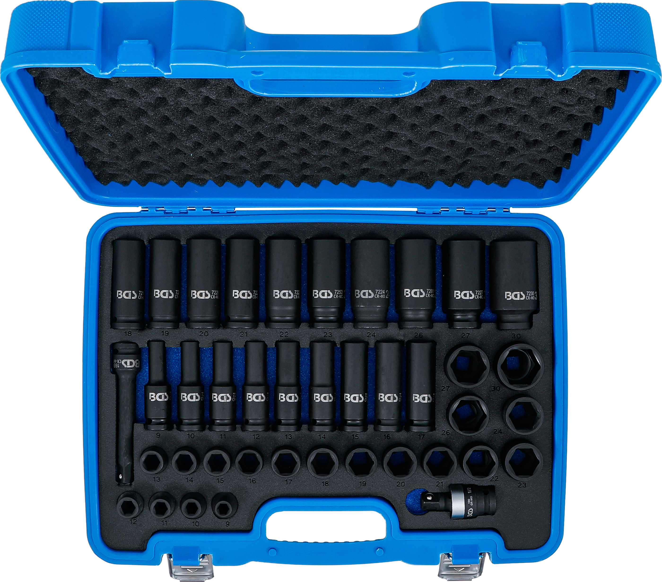 BGS Kraft-Steckschlüssel-Einsatz-Satz Sechskant | Antrieb Innenvierkant 12,5 mm (1/2") | SW 9 - 30 mm | 40-tlg.