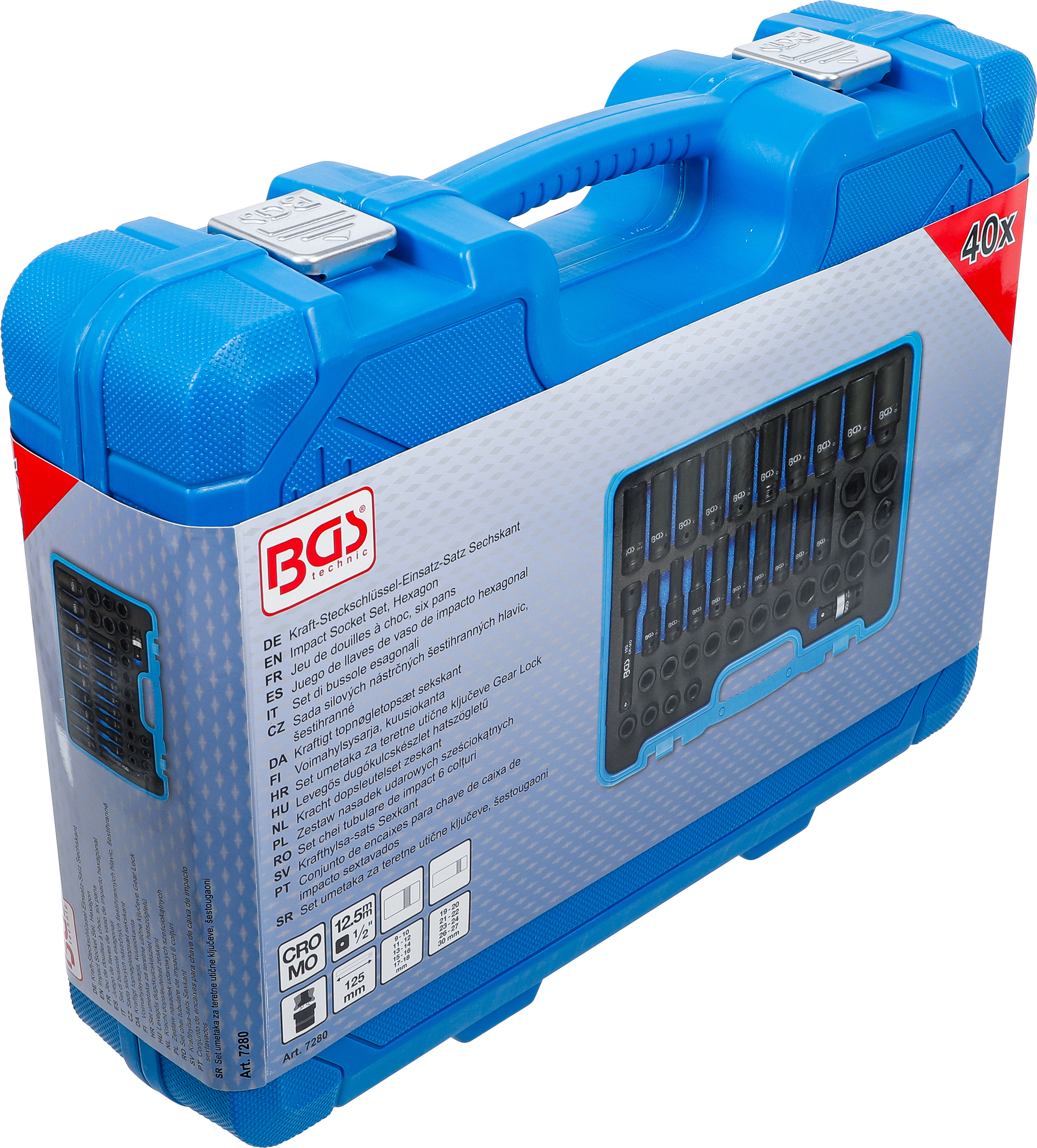 BGS Kraft-Steckschlüssel-Einsatz-Satz Sechskant | Antrieb Innenvierkant 12,5 mm (1/2") | SW 9 - 30 mm | 40-tlg.