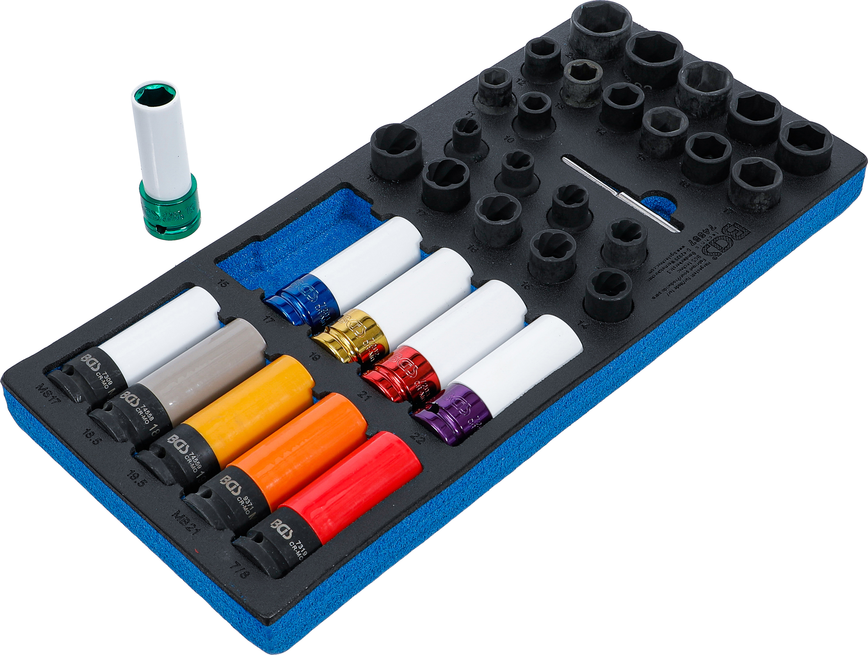 BGS Werkstattwageneinlage 1/3: Kraft-Steckschlüssel- / Spezial-Radschrauben- und Spiral-Profil Schraubenausdreher-Satz | 12,5 mm (1/2") | 33-tlg.