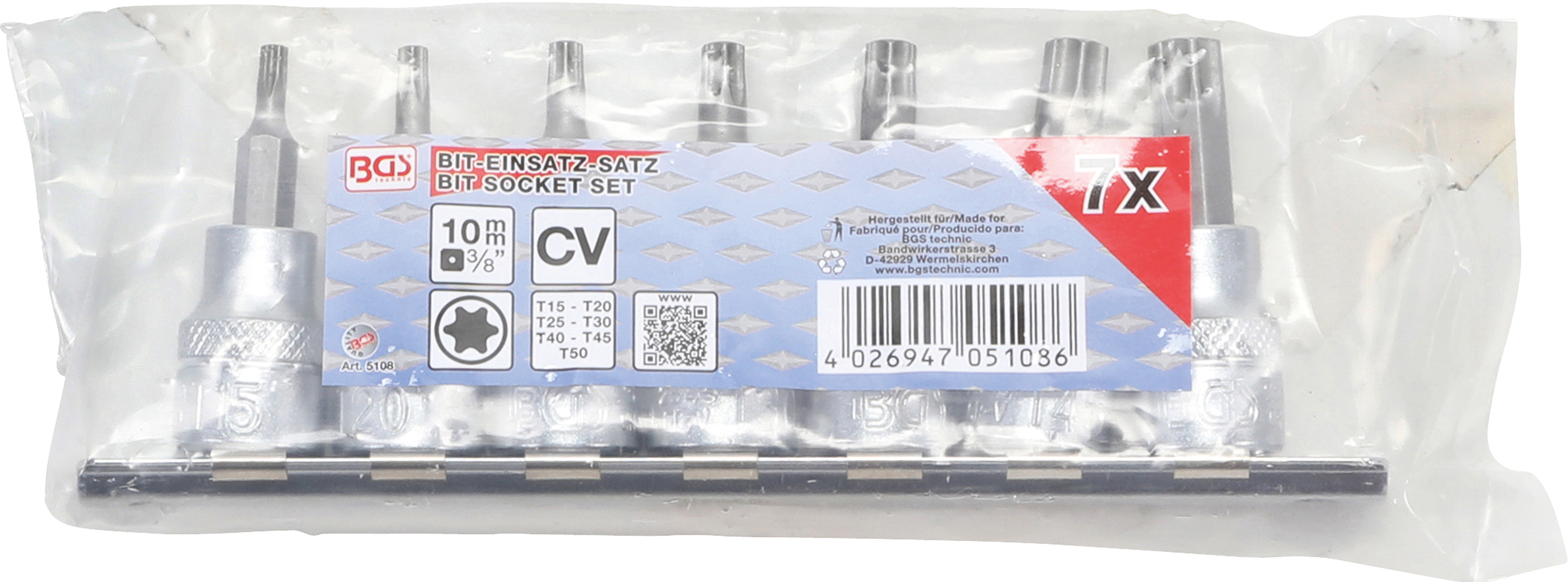BGS Bit-Einsatz-Satz | Antrieb Innenvierkant 10 mm (3/8") | T-Profil (für Torx) T15 - T50 | 7-tlg.