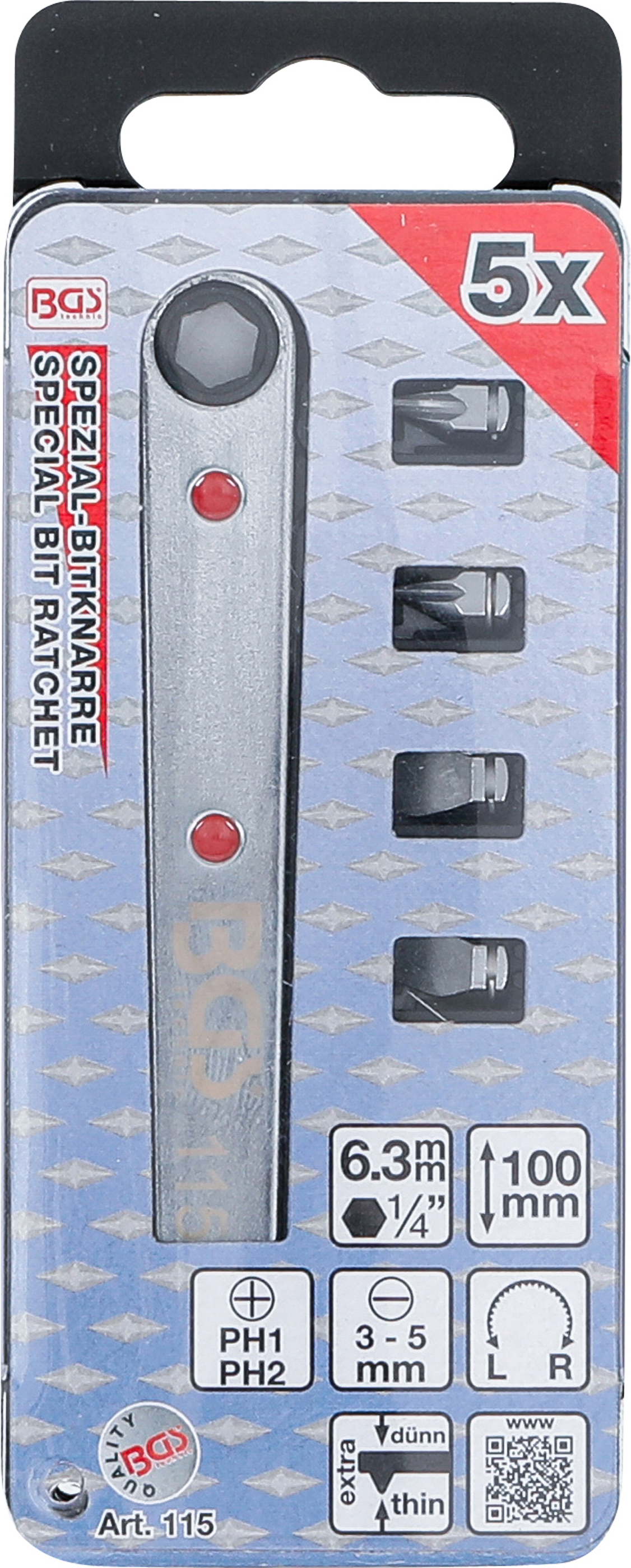 BGS Spezial-Bitknarre, ultra dünn | Abtrieb Innensechskant 6,3 mm (1/4") | inkl. 4 Spezial-Bits