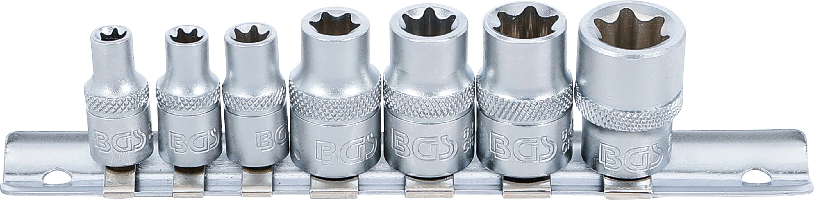 BGS Steckschlüssel-Einsatz-Satz E-Profil | Antrieb Innenvierkant 6,3 mm (1/4") / 10 mm (3/8") | SW E6 - E16 | 7 tlg.