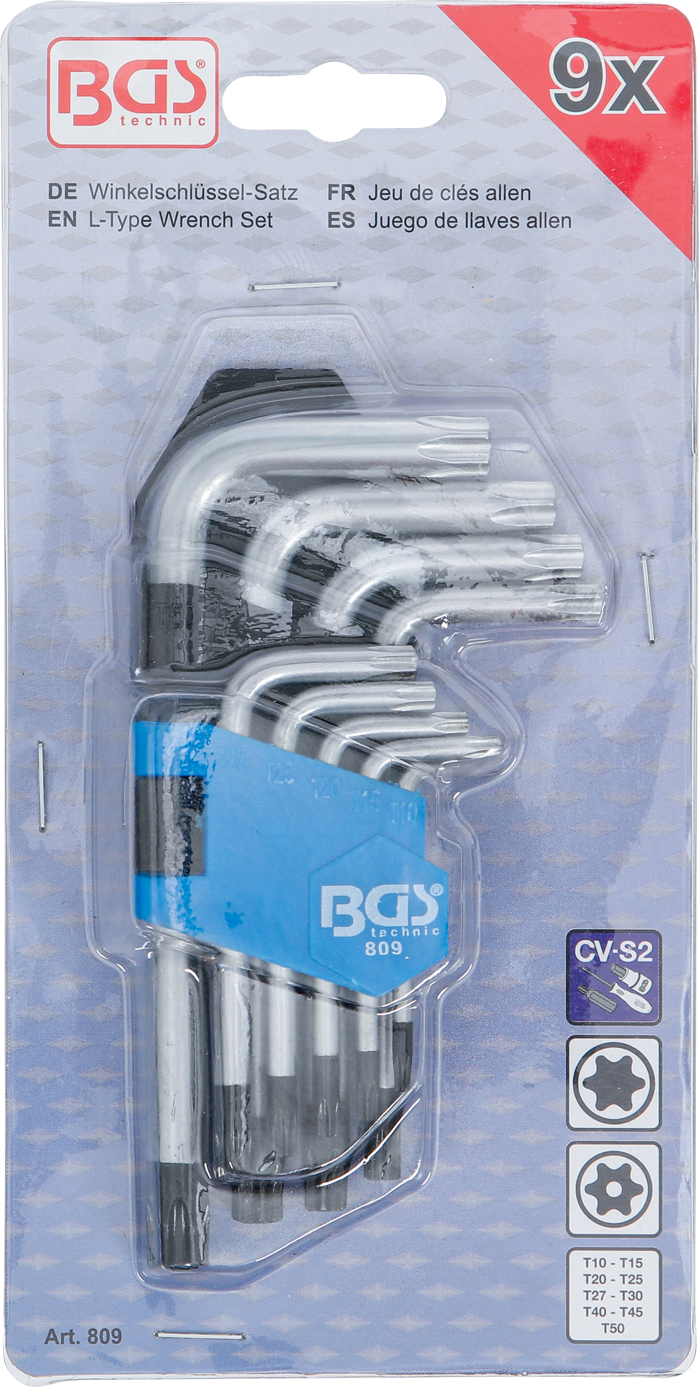 BGS Winkelschlüssel-Satz | kurz | T-Profil (für Torx) mit Bohrung T10 - T50 | 9-tlg.