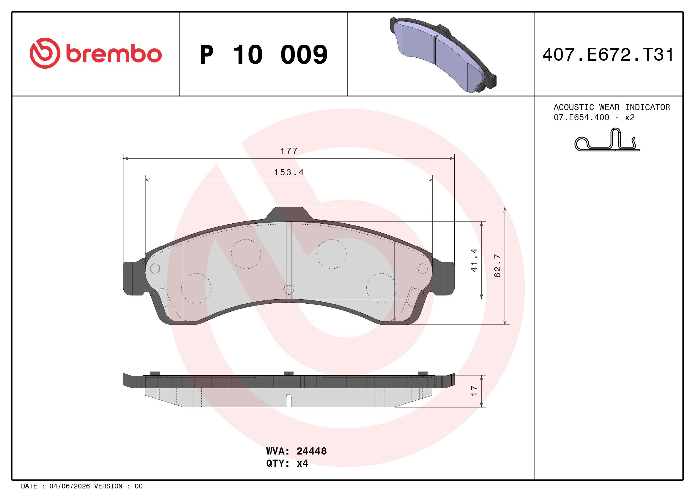 Bremsbelagsatz, Scheibenbremse “BREMBO 177 mm, 17 mm, 63 mm”