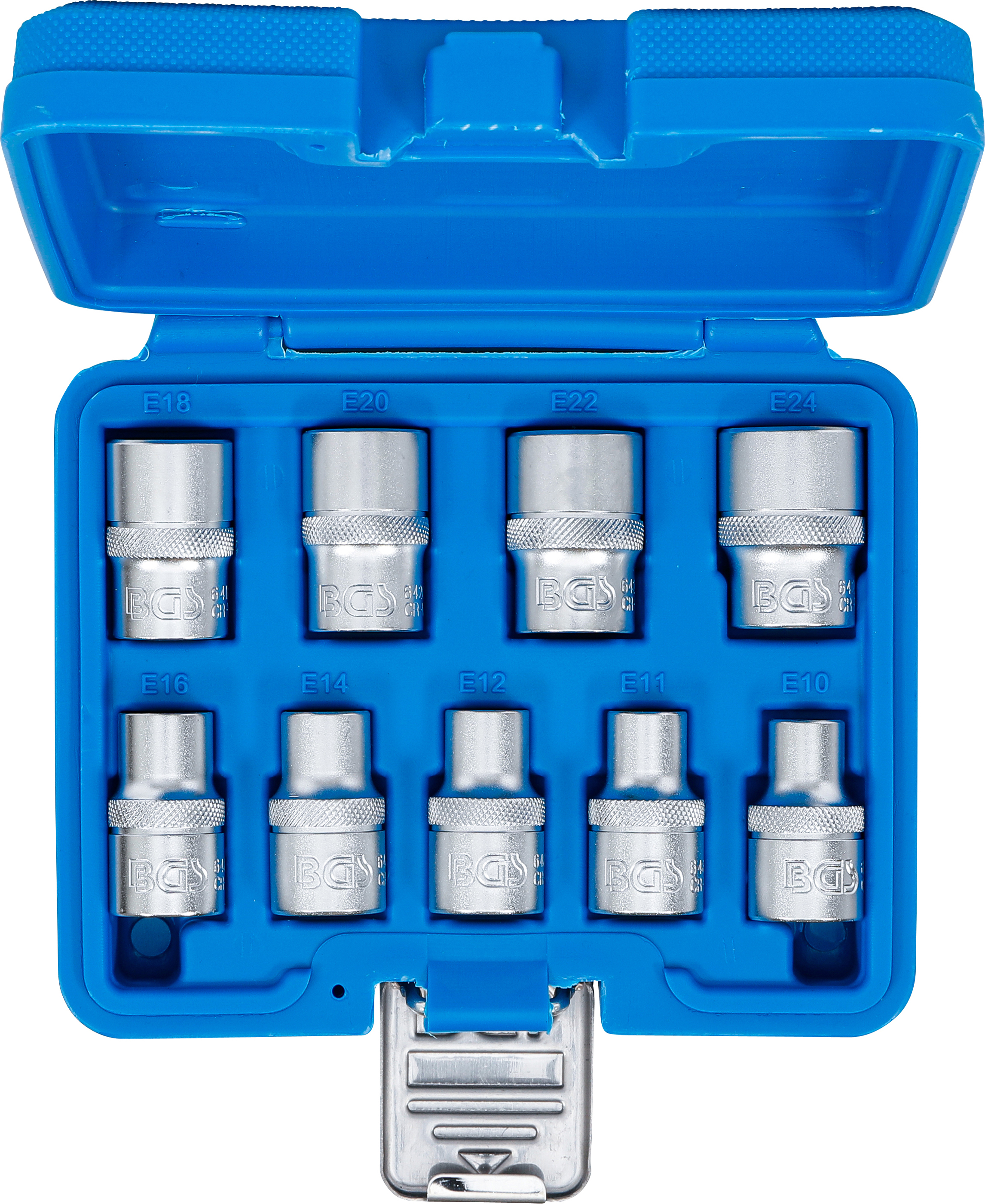 BGS Steckschlüssel-Einsatz-Satz E-Profil | Antrieb Innenvierkant 12,5 mm (1/2") | SW E10 - E24 | 9-tlg.