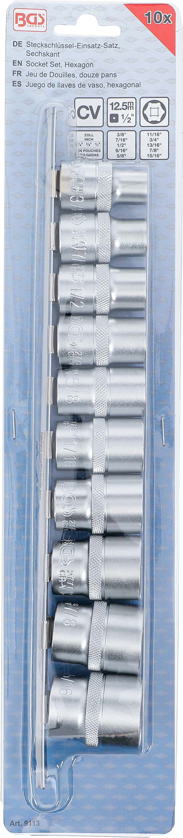 BGS Steckschlüssel-Einsatz-Satz, Sechskant | Antrieb Innenvierkant 12,5 mm (1/2") | Zollgrößen | 10-tlg.