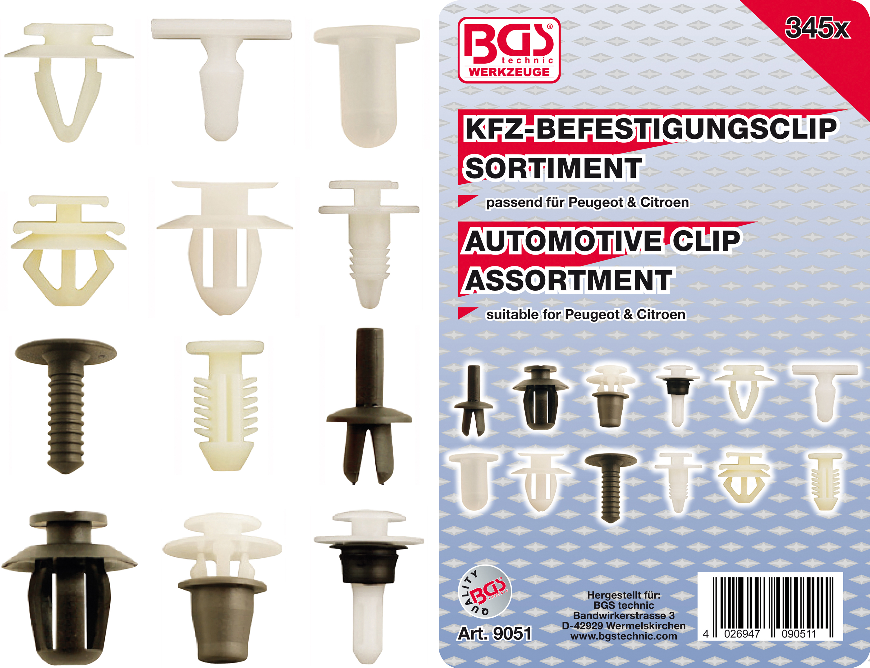 BGS Kfz-Befestigungsclip-Sortiment für Peugeot, Citroen | 345-tlg.