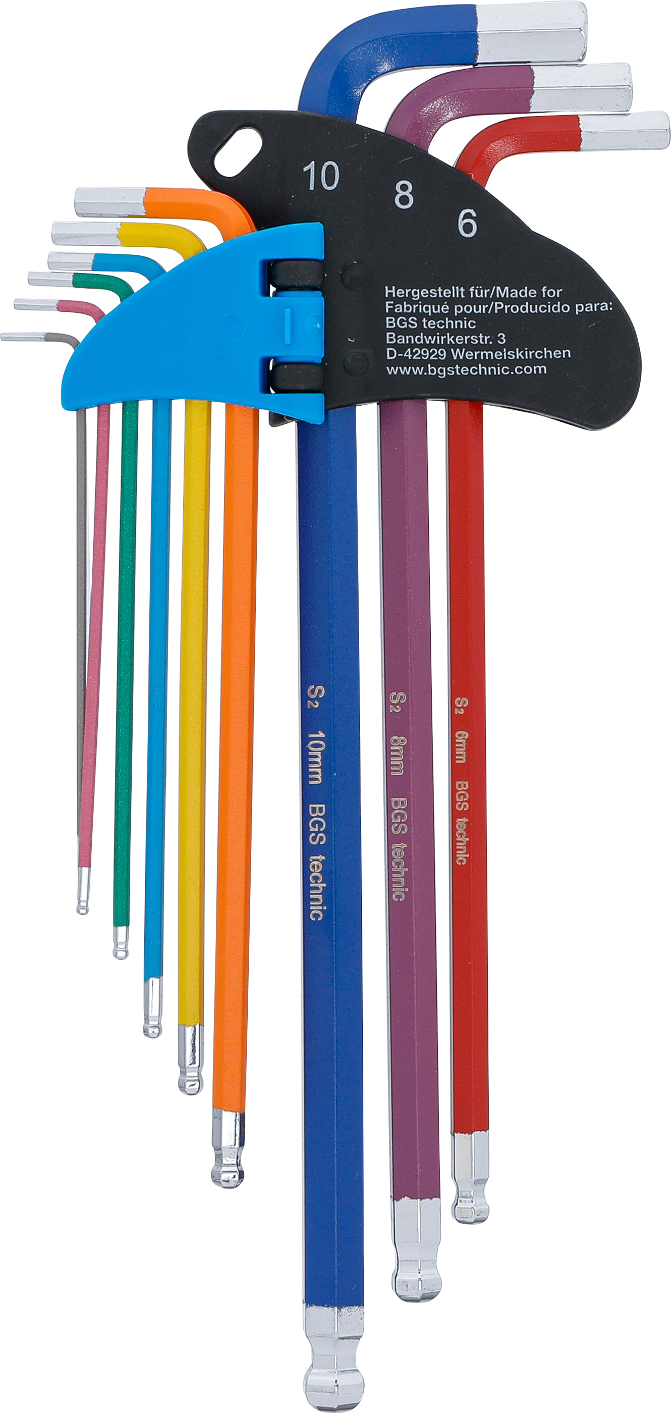 BGS Winkelschlüssel-Satz | Multicolour | extra lang | Innensechskant, Innensechskant mit Kugelkopf 1,5 - 10 mm | 9-tlg.