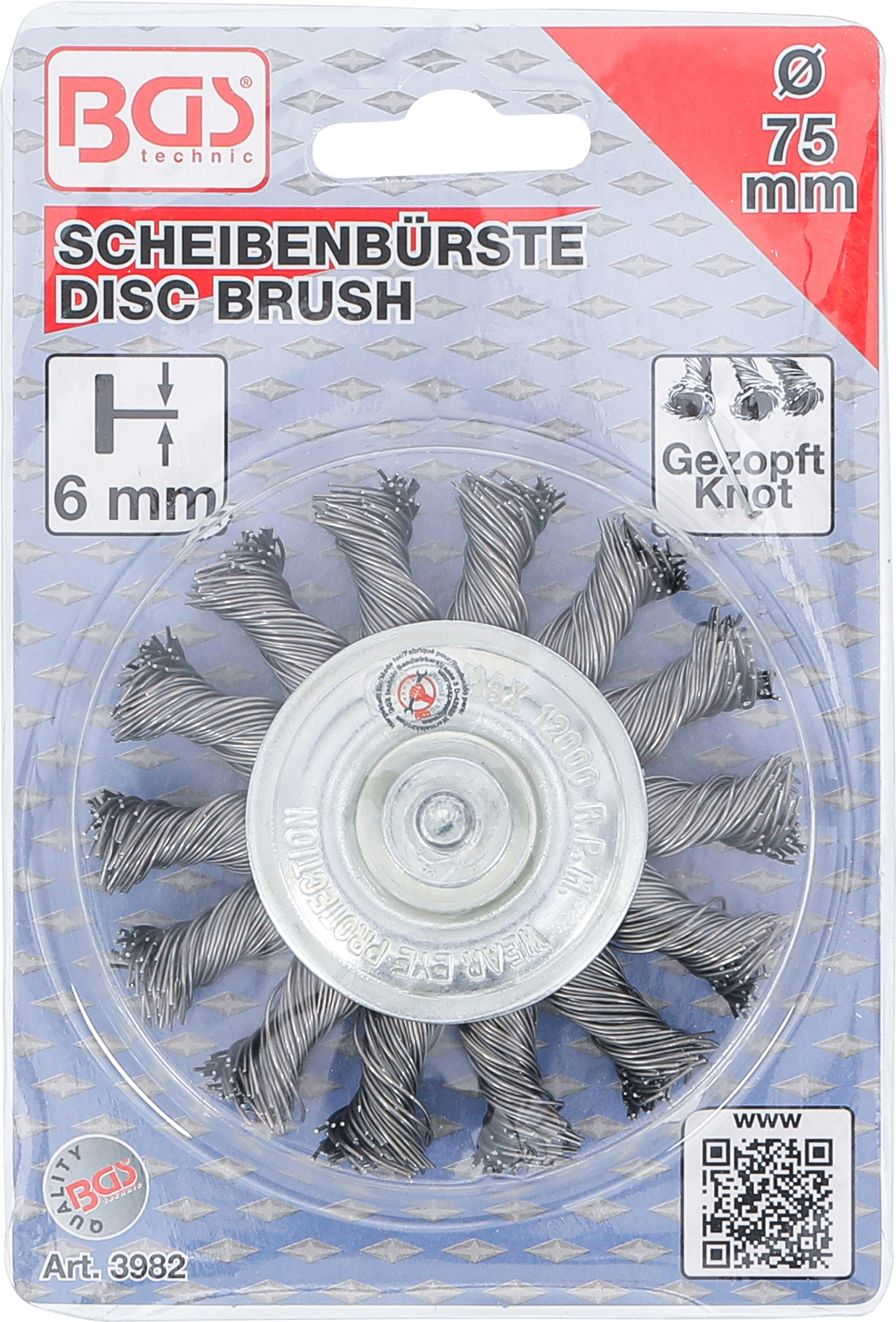 BGS Scheibenbürste | Antriebswelle 6 mm | gezopft | Ø 75 mm