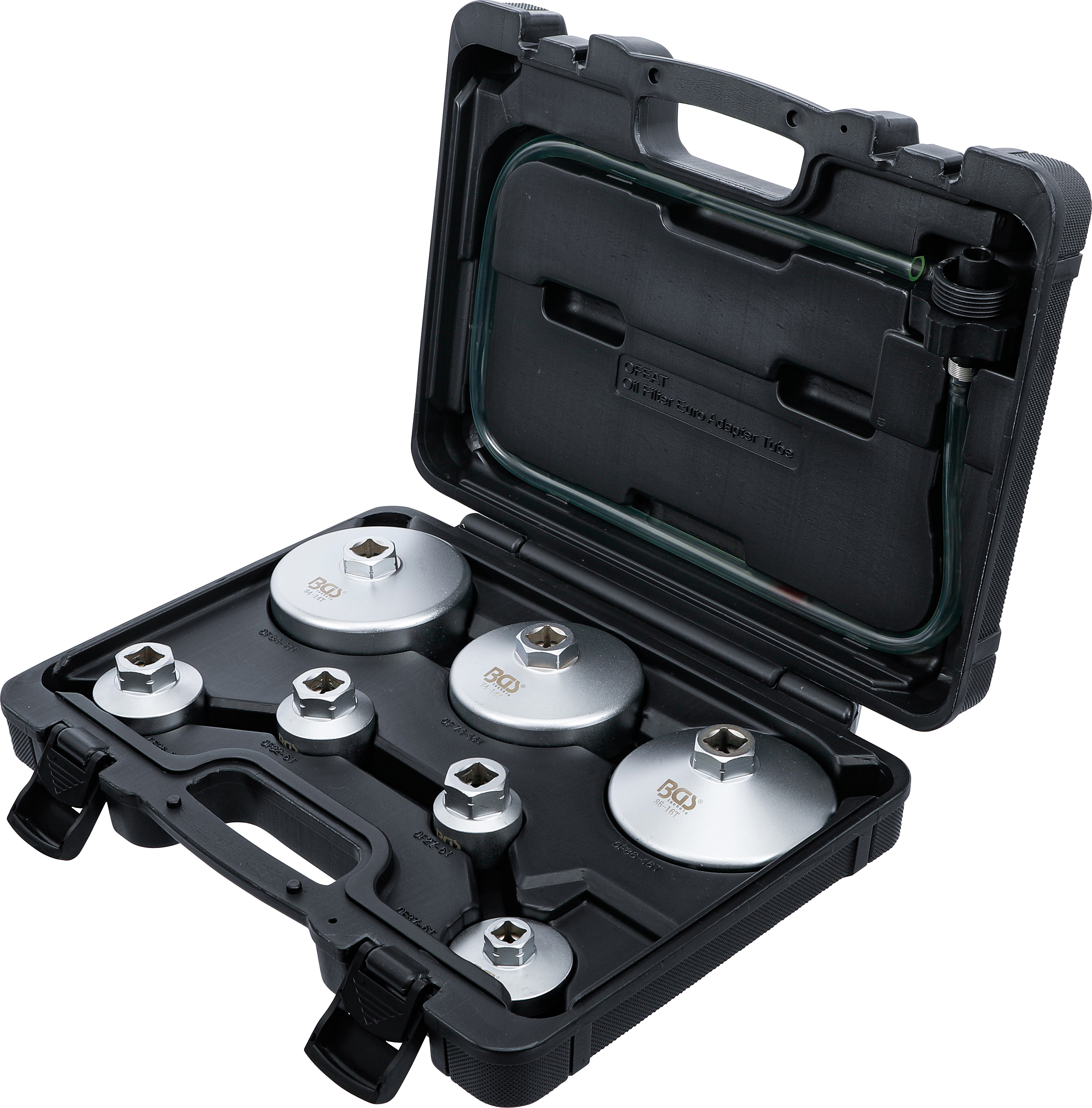 BGS Ölfilterschlüssel-Satz | mit Ölfilter-Ablassschlauch | für VAG, BMW, Citroën, Peugeot, Ford, Mercedes-Benz, Opel, Volvo | 8-tlg.