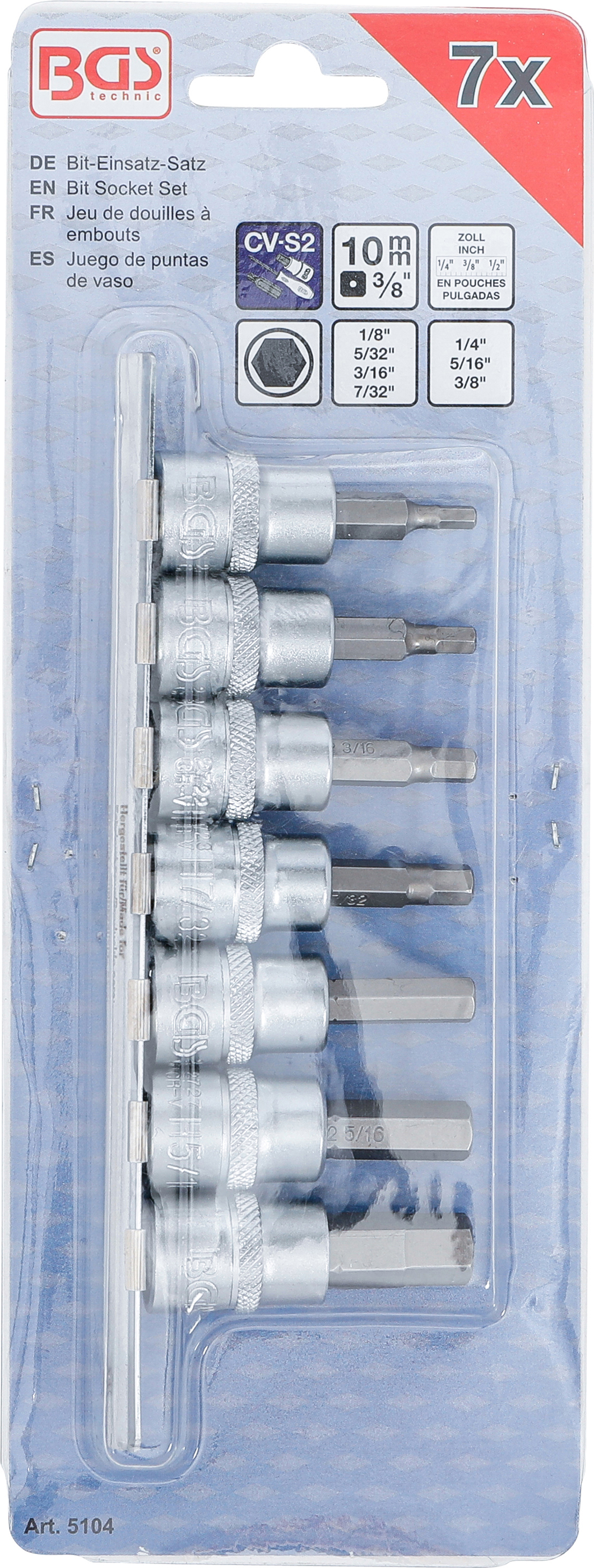 BGS Bit-Einsatz-Satz | Antrieb Innenvierkant 10 mm (3/8") | Innensechskant 1/8" - 3/8" | Zollgrößen | 7-tlg.
