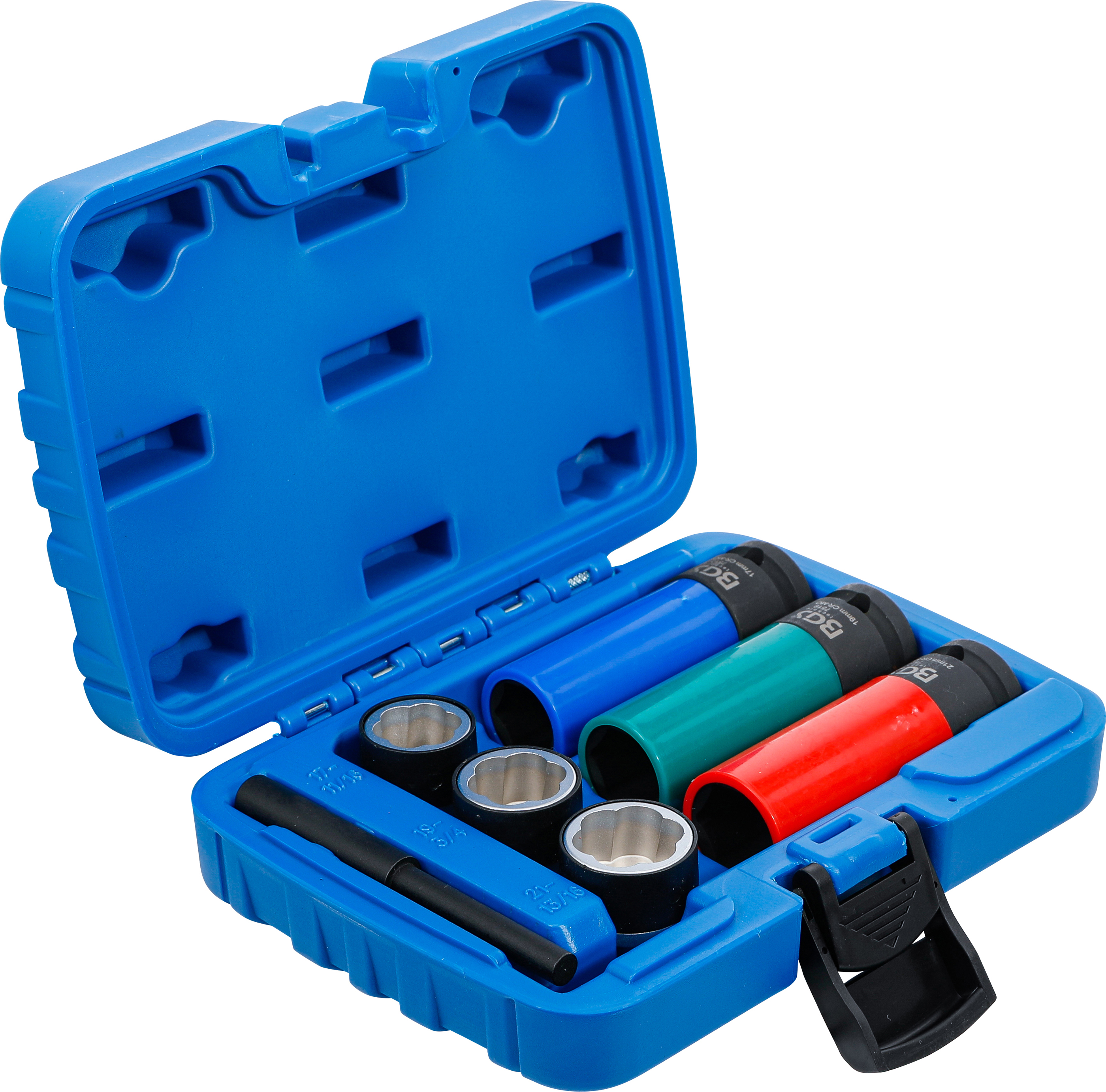 BGS Spiral-Profil-Steckschlüssel-Einsatz-Satz / Schraubenausdreher & Kraft-Schoneinsatz-Satz | Antrieb Innenvierkant 12,5 mm (1/2") | SW 17 / 19 / 21 mm | 7-tlg.